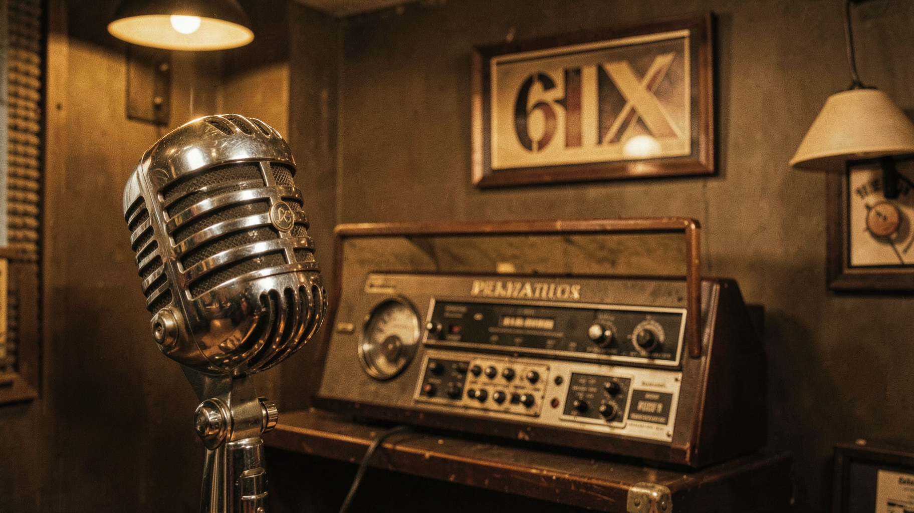 Vintage 1930s Art Deco radio studio with a chrome microphone and 6IX signage