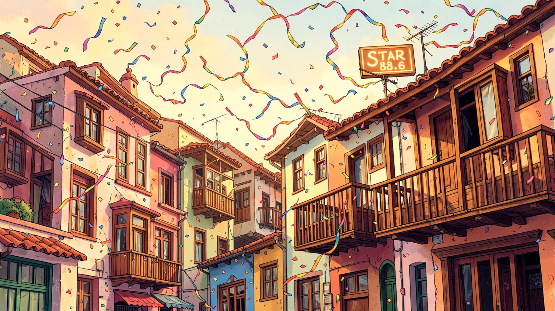The colorful Ottoman-era old town of Xanthi Greece with a rooftop radio antenna reading Star 88.8