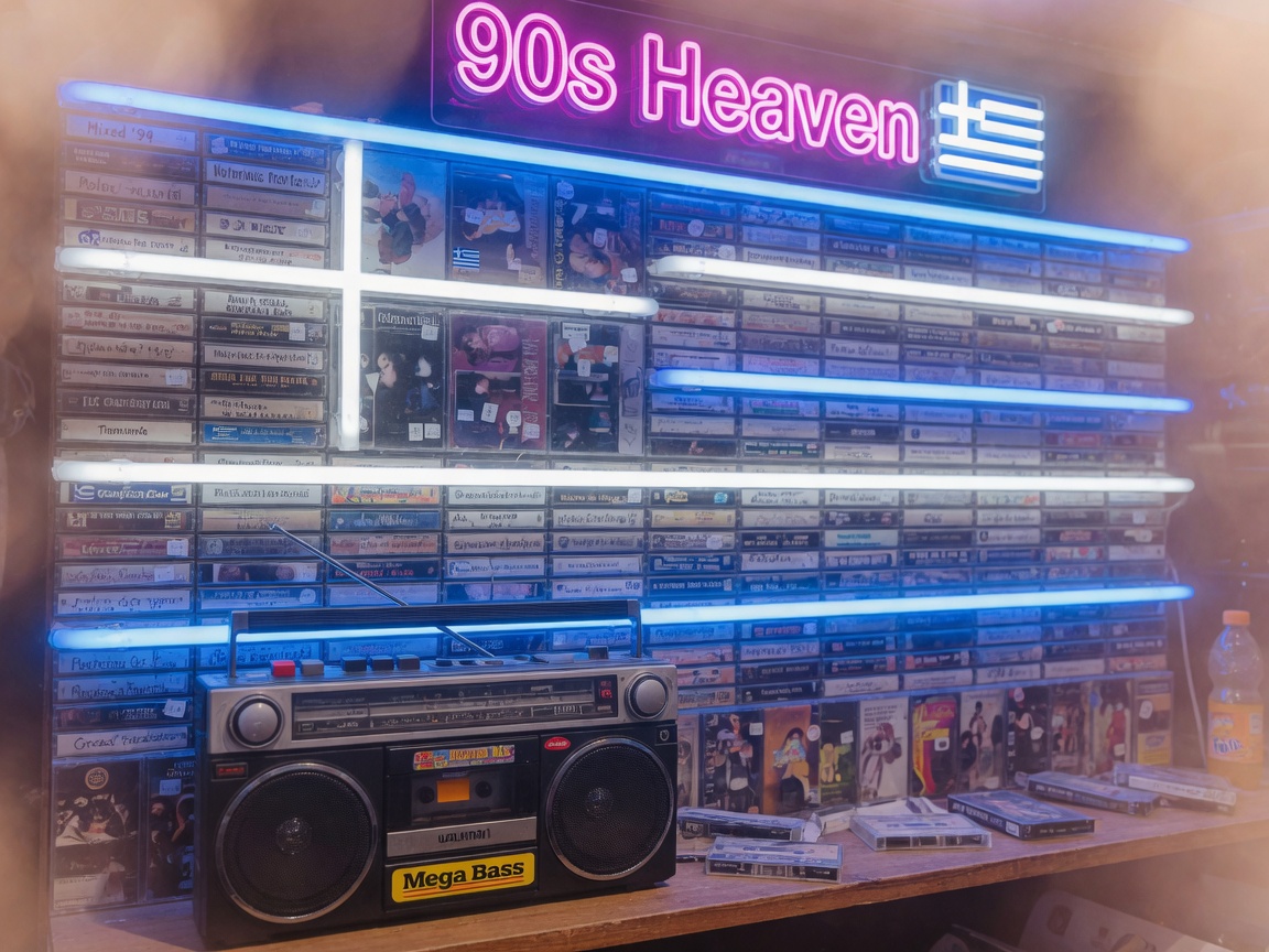 A nostalgic wall of glowing 1990s cassette tapes and a neon 90s Heaven sign