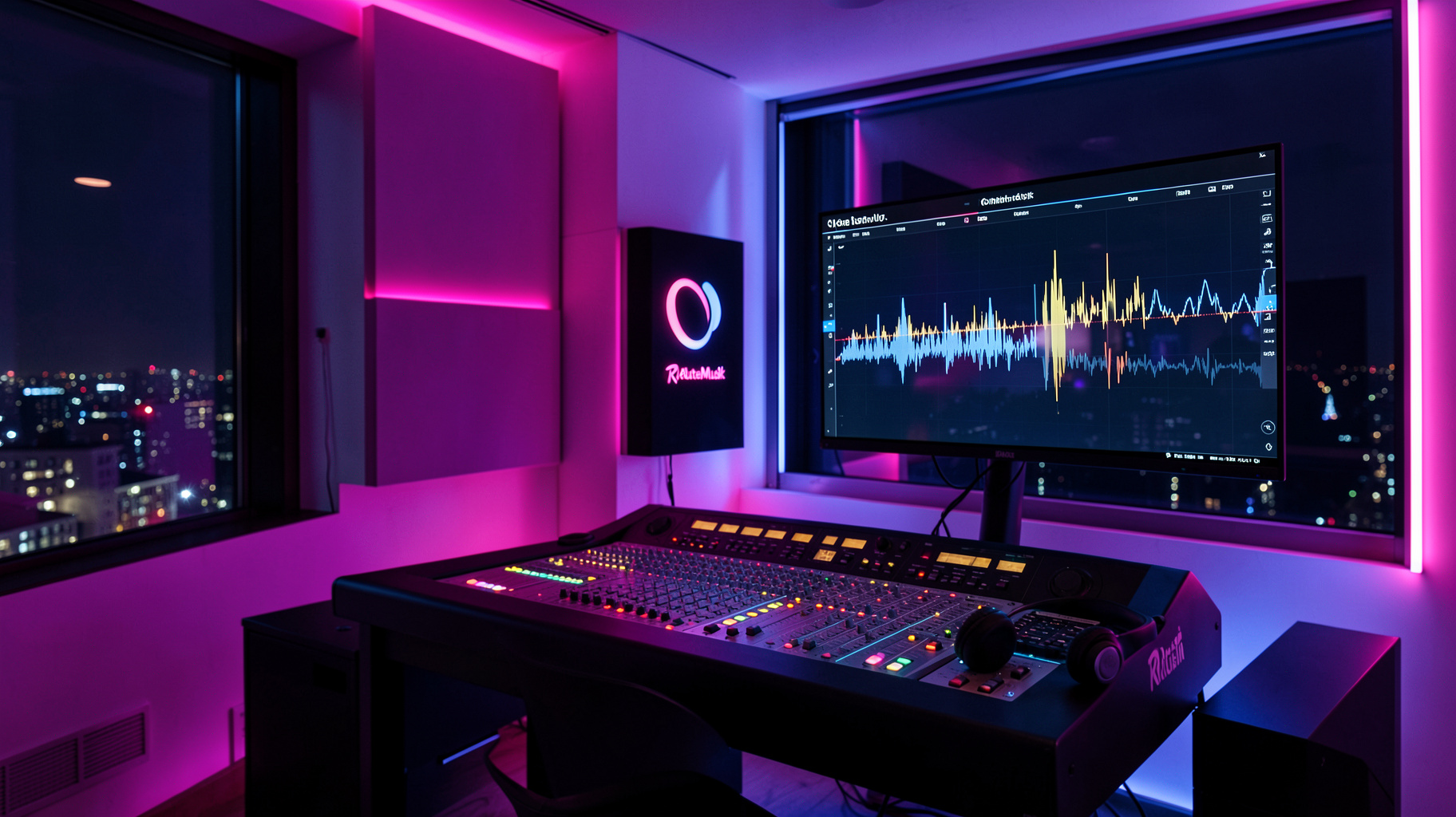 A neon-lit internet radio broadcast studio at night
