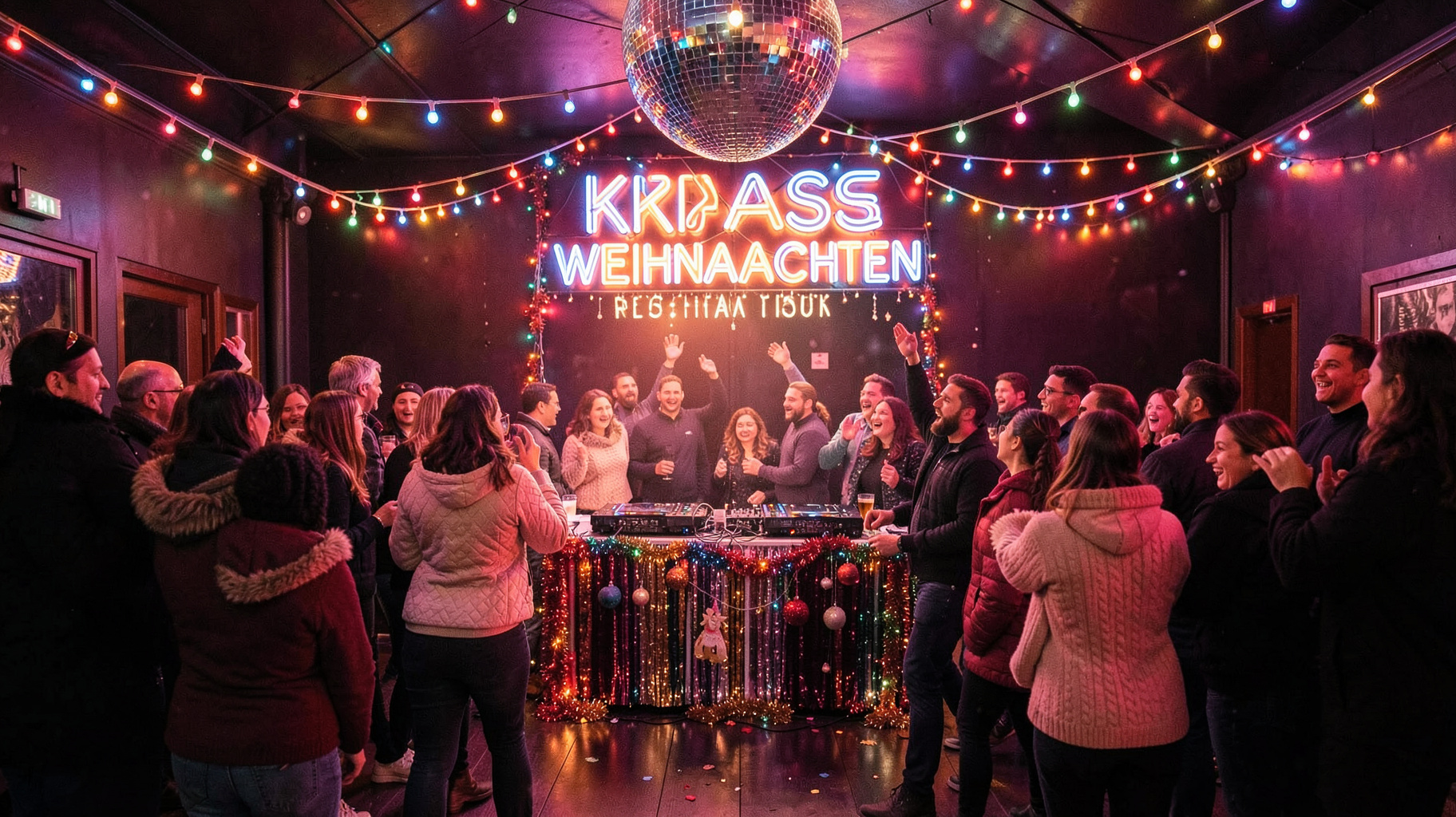 A festive Christmas party dance floor with a neon sign reading KRASSE WEIHNACHTEN above the DJ booth