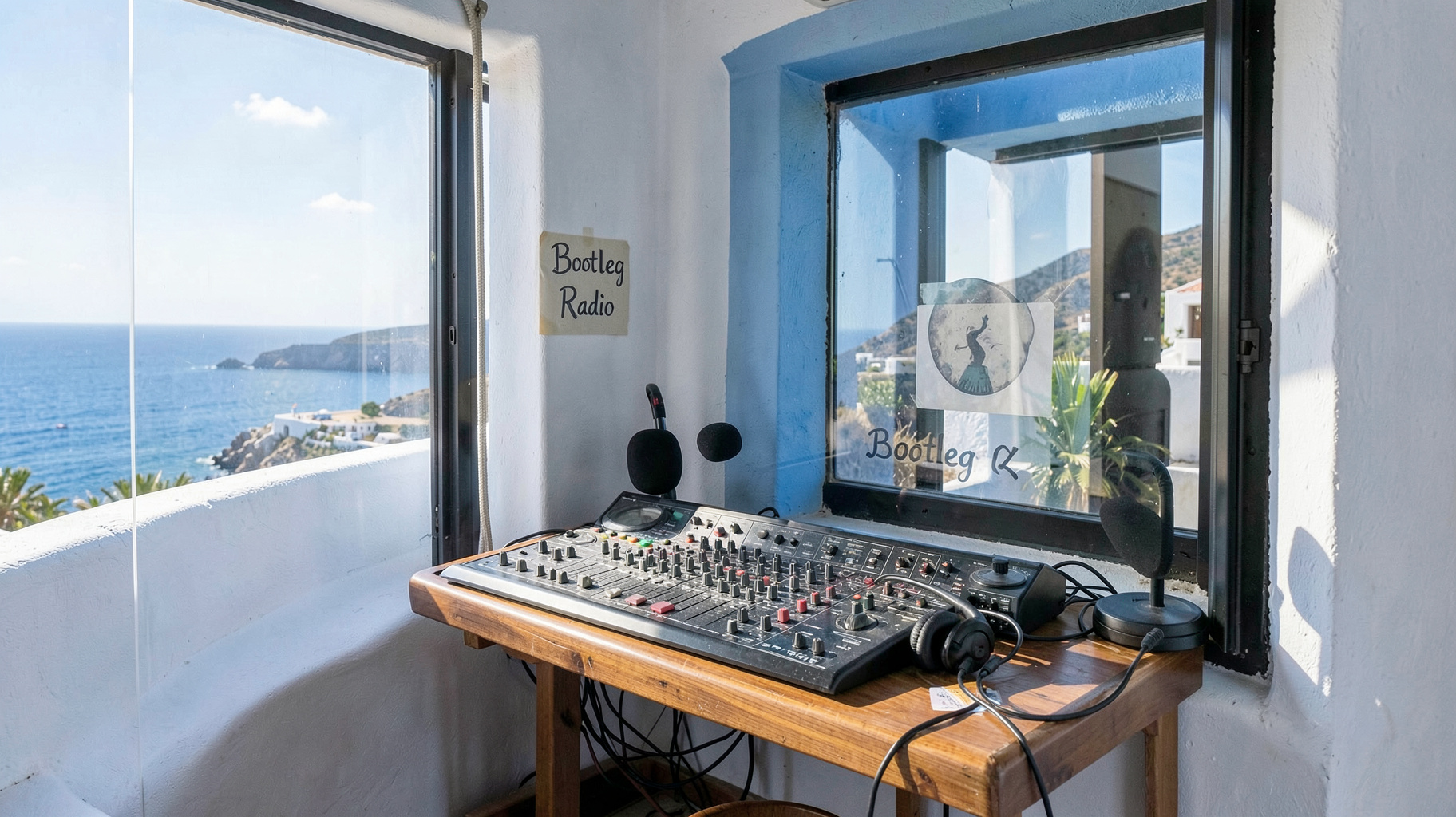 A small Greek pop radio station studio by the sea with a sign reading Bootleg Radio