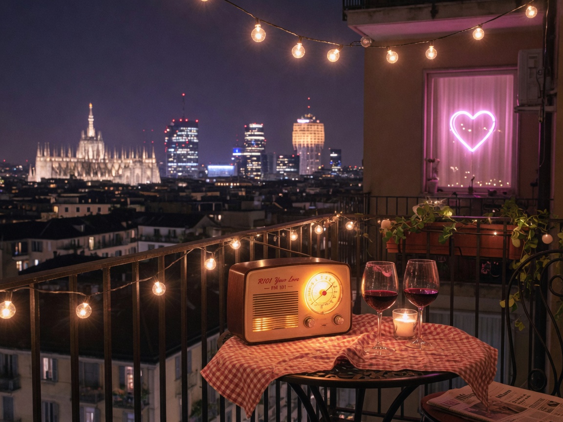A cozy Milan apartment balcony at night overlooking the illuminated skyline, a vintage radio glowing warmly on a small table, dial labeled R101 Your Love