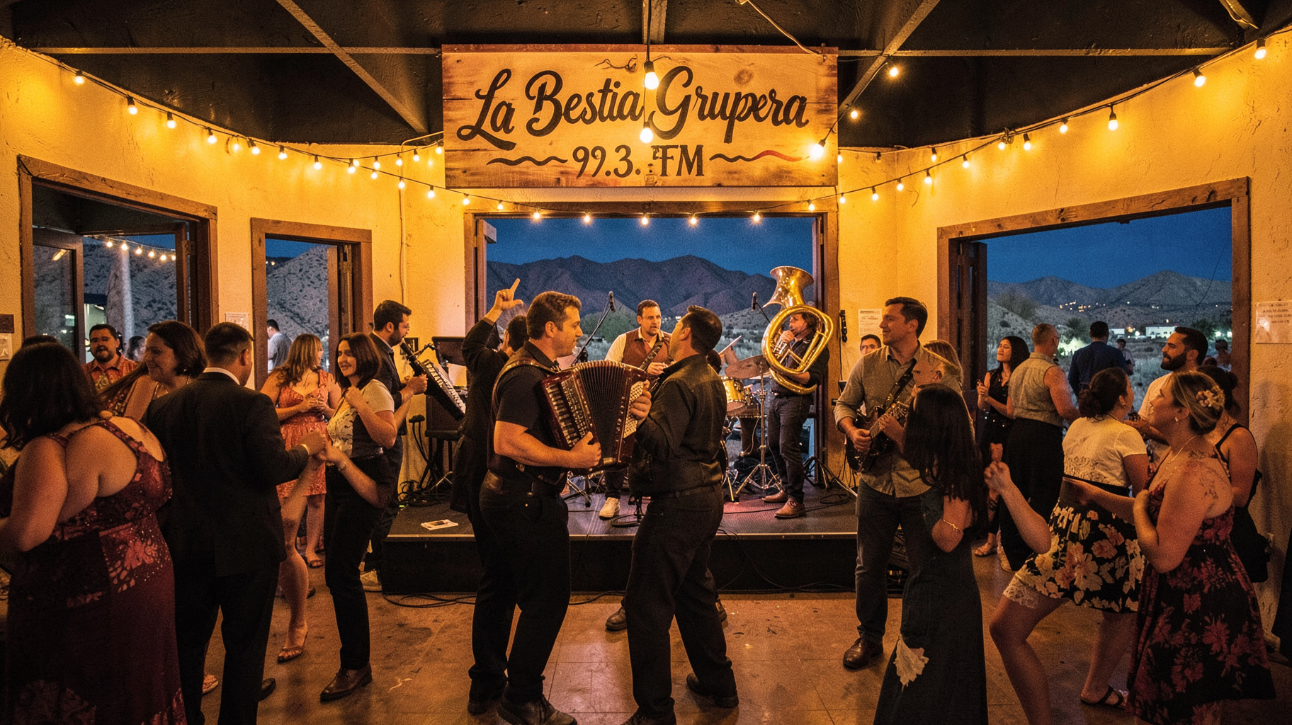 A lively grupera dance hall in Chihuahua with a band on stage and a sign reading La Bestia Grupera 99.3 FM