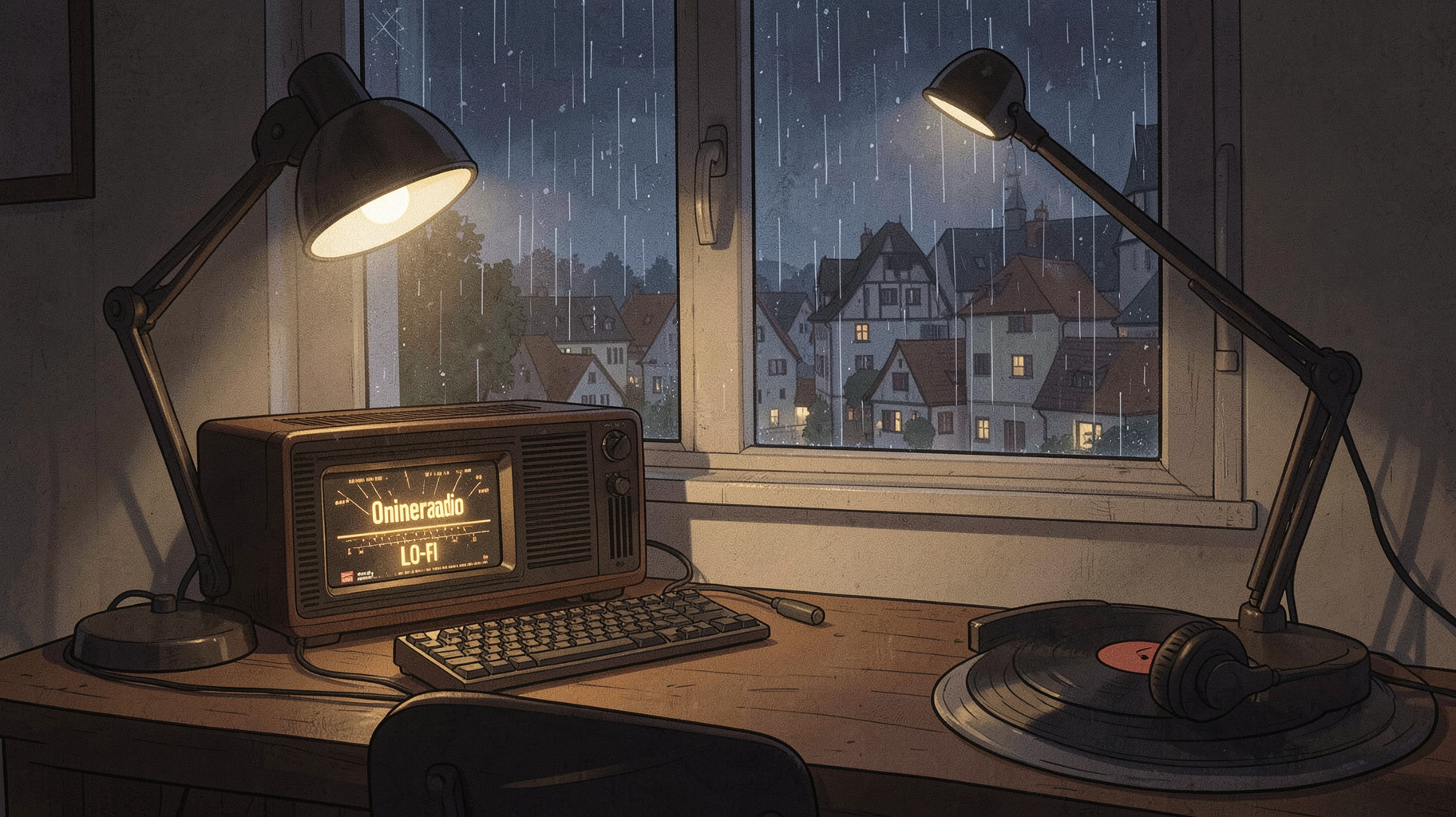 A cozy lo-fi bedroom study scene at night with a glowing radio dial reading 0nlineradio LO-FI