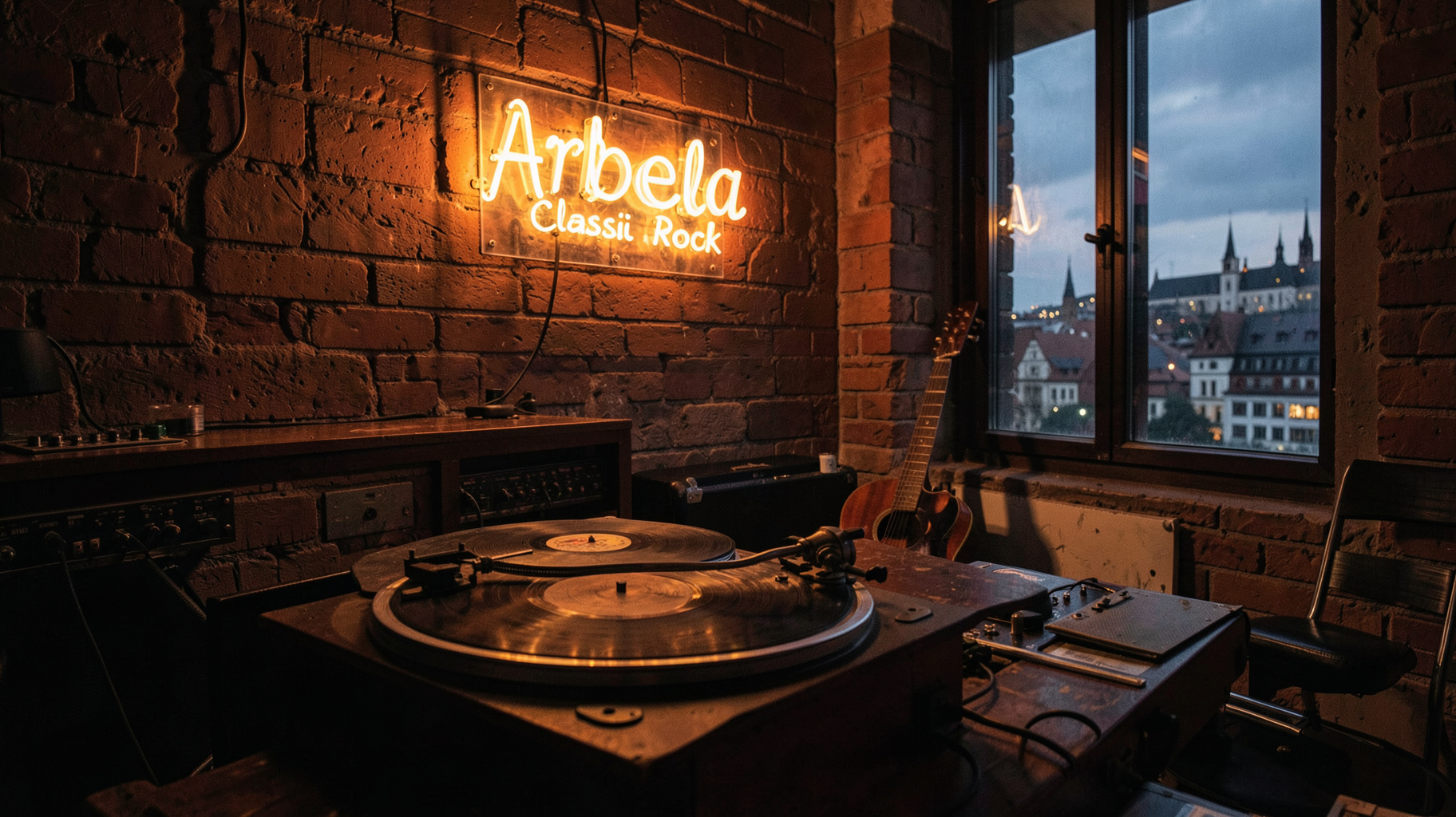 A moody classic rock listening room in Munich with a vinyl turntable, a guitar against a brick wall, and a neon sign reading Arabella Classic Rock