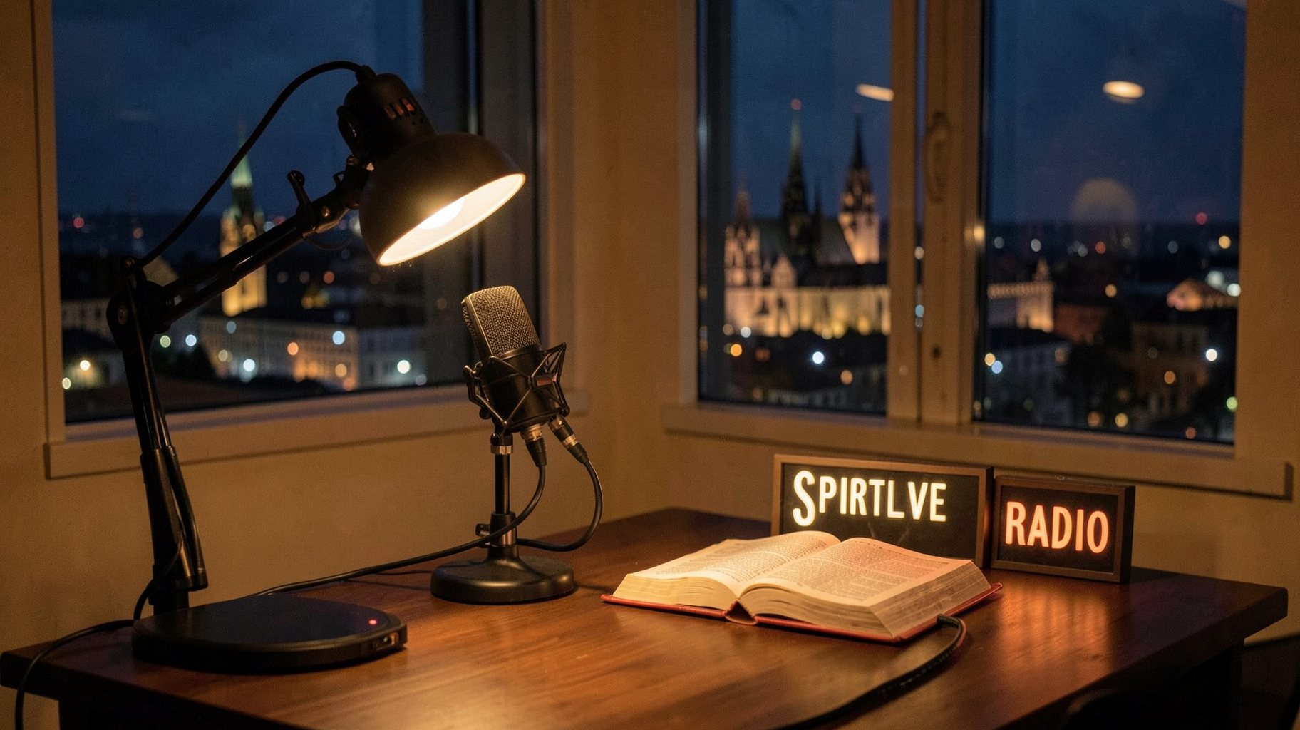 A small radio studio at night with the Vienna skyline visible through the window
