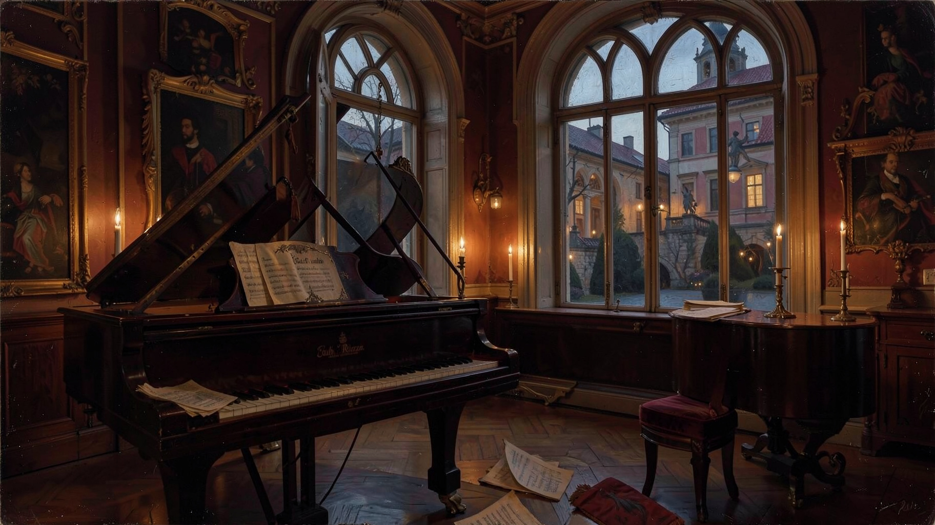 An elegant 18th-century Viennese salon with a candlelit grand piano and a plaque reading Calm Radio Mozart