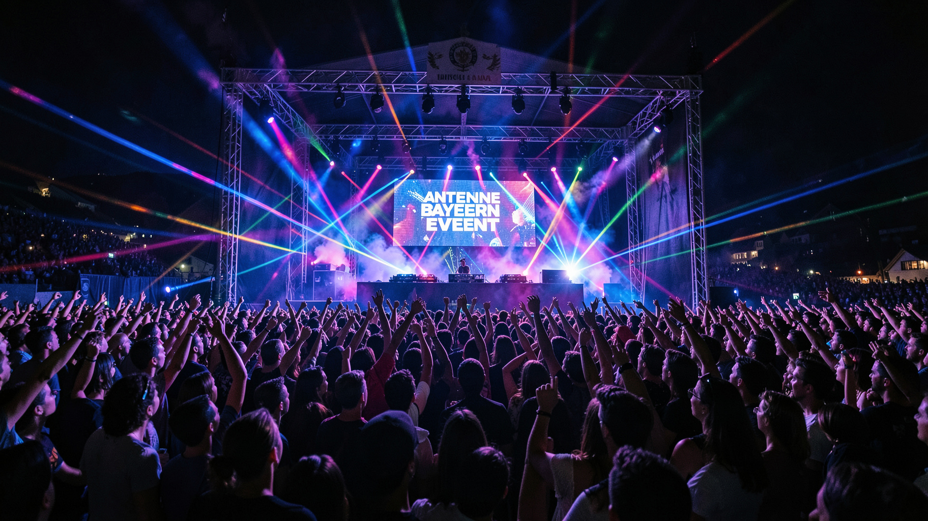A massive outdoor DJ event stage in Bavaria with laser lights sweeping over a dancing crowd