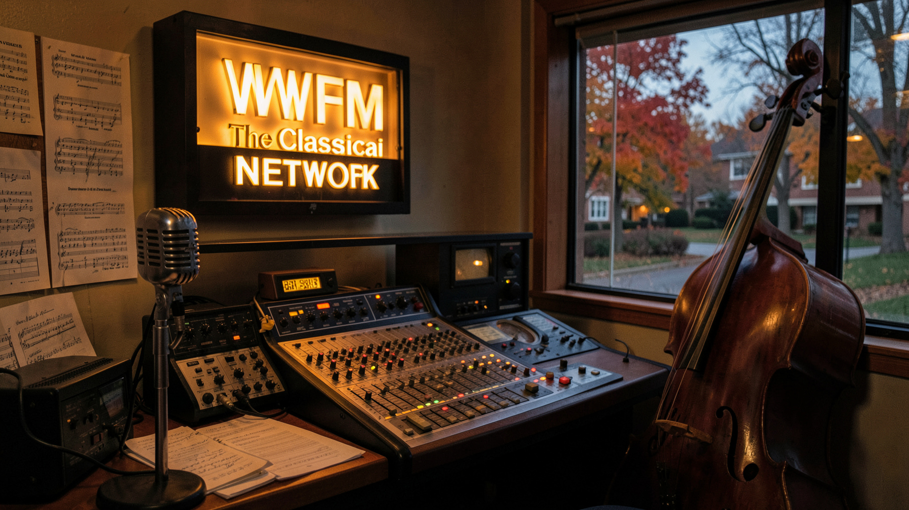 A warm classical radio broadcast studio at a New Jersey community college with a sign reading WWFM The Classical Network