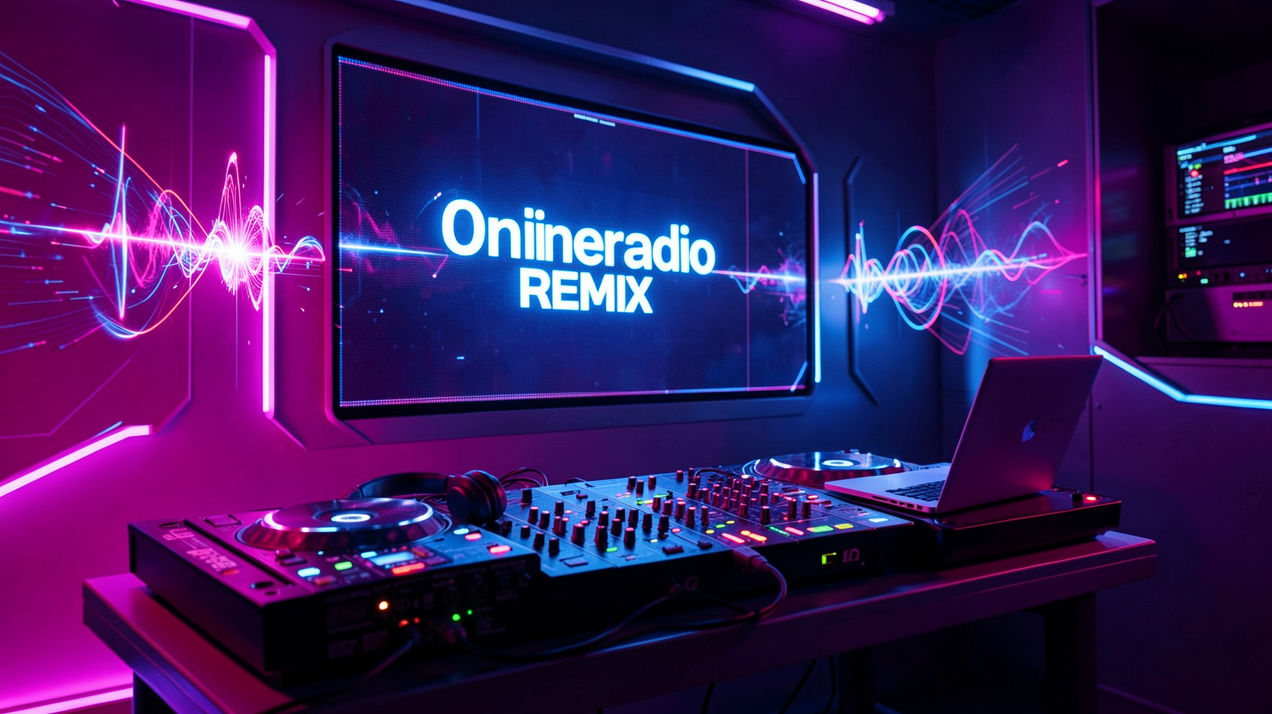 A neon-lit DJ booth with a screen displaying 0nlineradio REMIX above the mixing desk