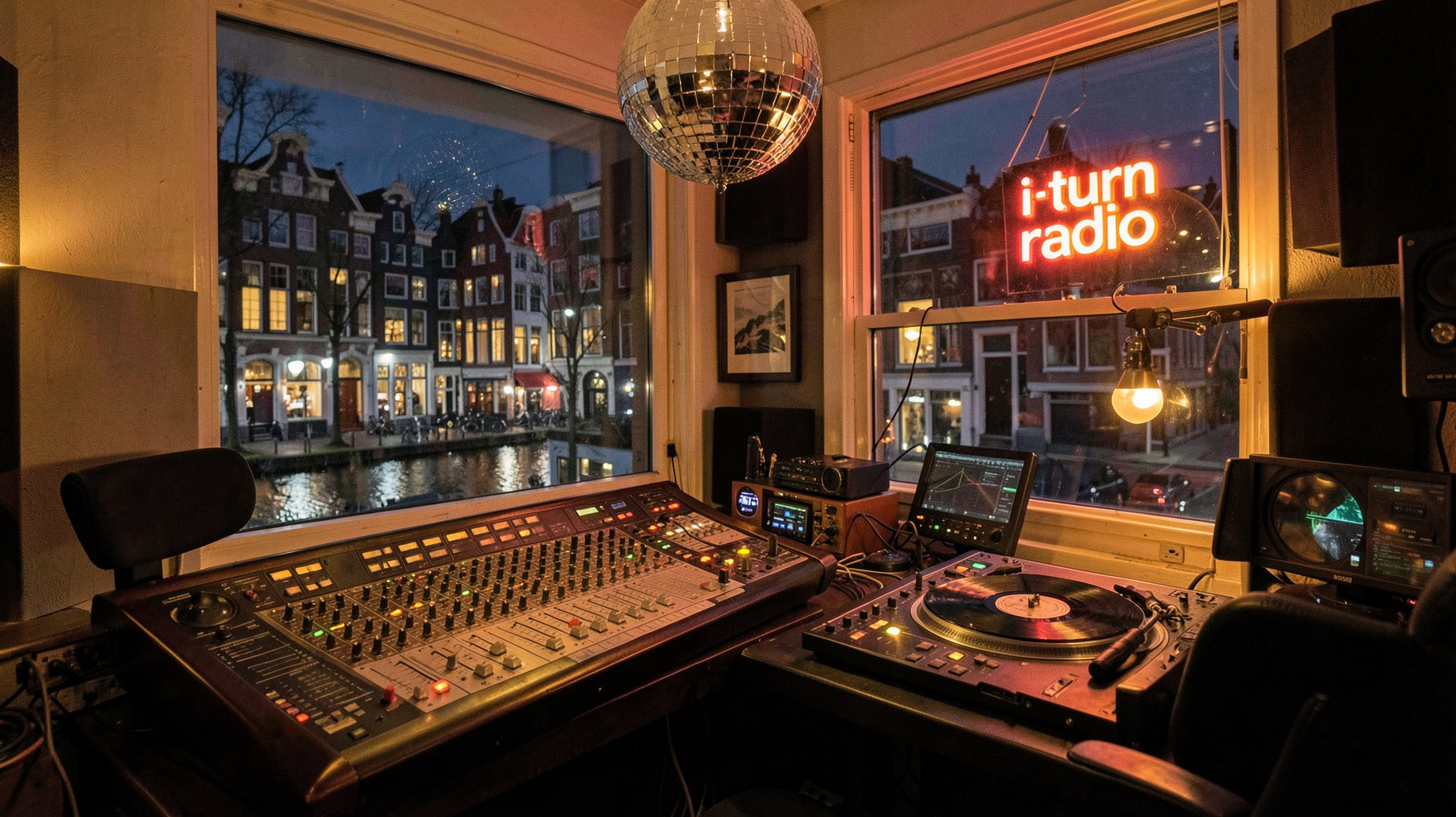A cozy Dutch radio studio at night with vinyl records and a glowing sign reading i-turn radio