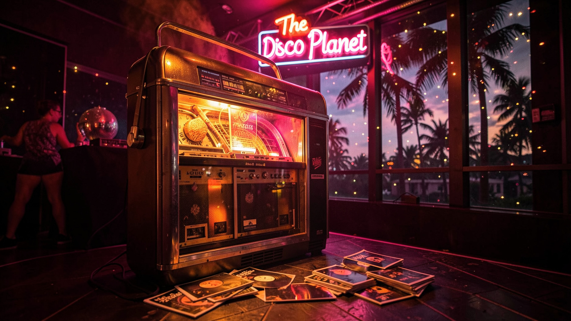 A vintage jukebox glowing on a Miami nightclub dance floor with a mirrorball and a marquee sign reading The Disco Planet