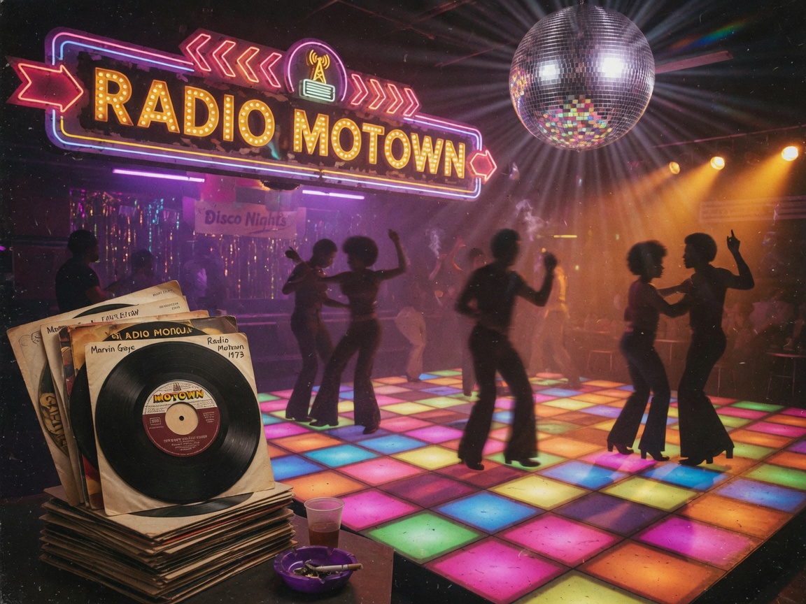 Vintage disco dance floor scene with a glowing Radio Motown marquee sign