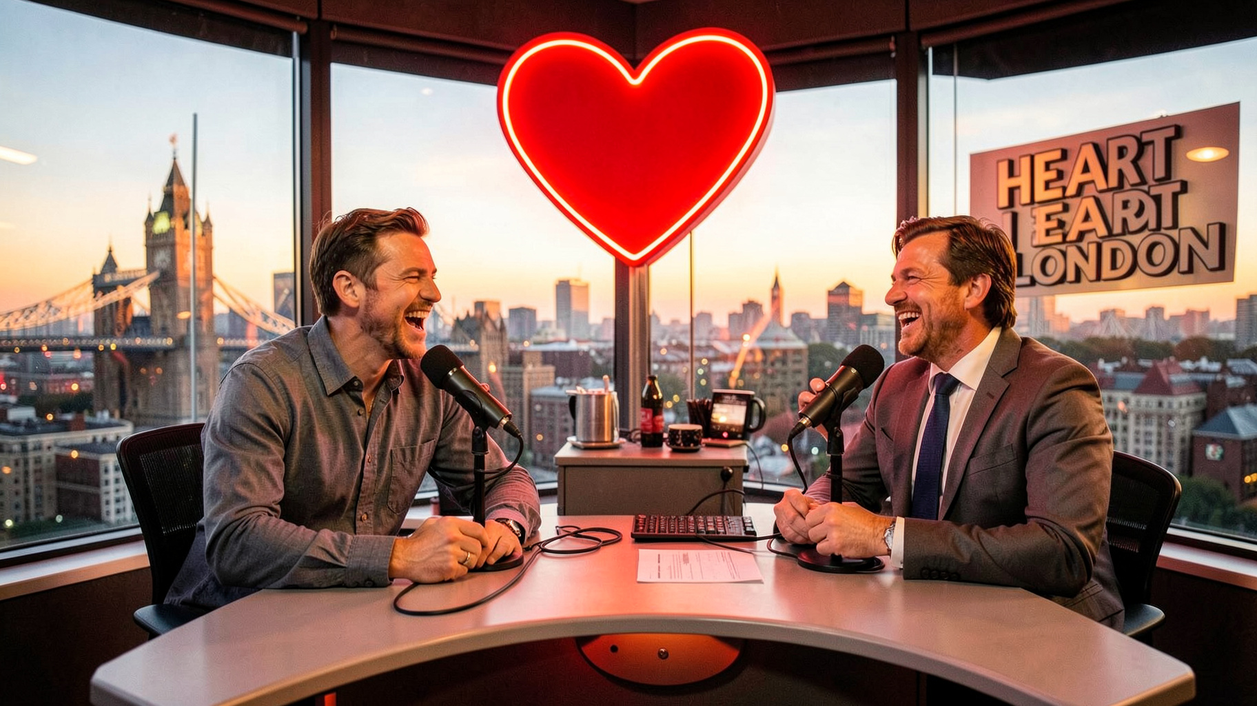 A London breakfast radio studio at sunrise with a glowing heart light and a sign reading Heart London