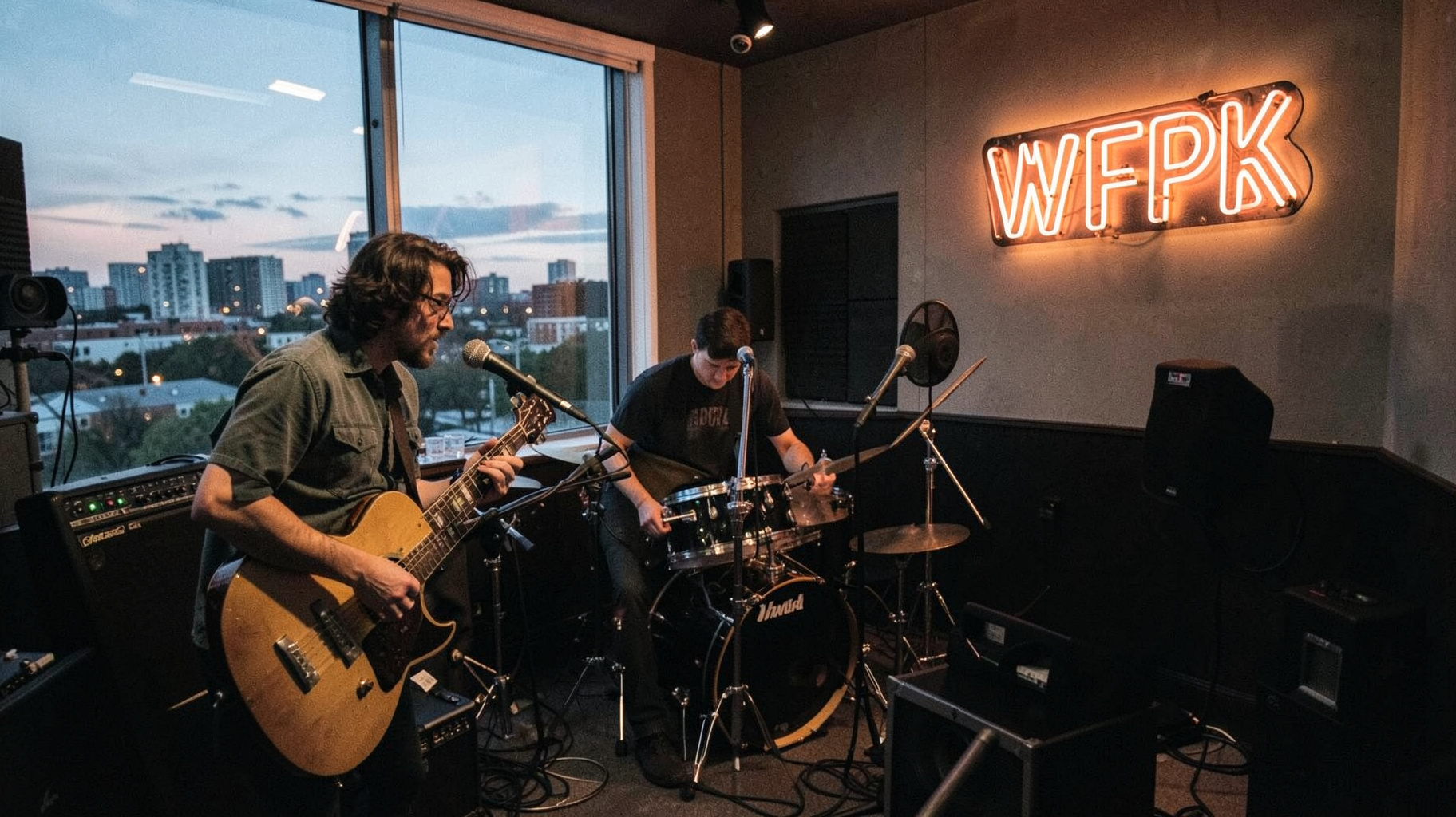 An indie band performing a live session inside a WFPK radio studio with the Louisville skyline at dusk