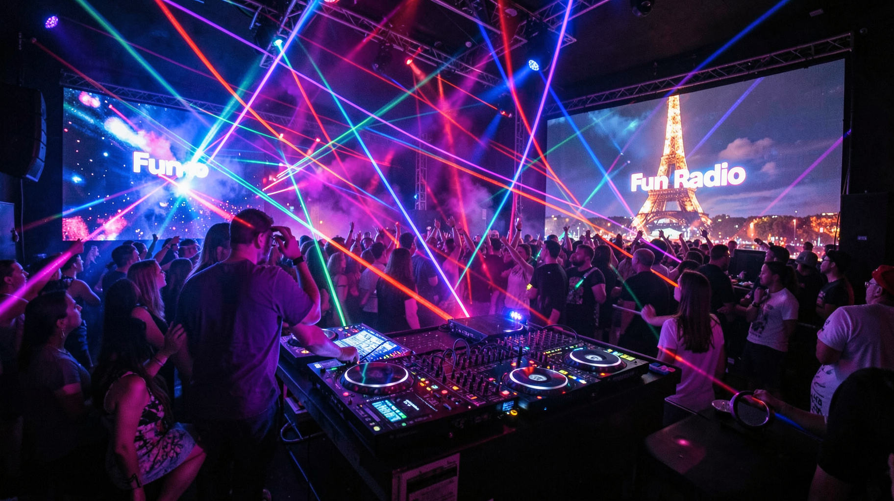 A vibrant Paris nightclub DJ booth at night with an LED screen reading Fun Radio and the Eiffel Tower glowing in the background