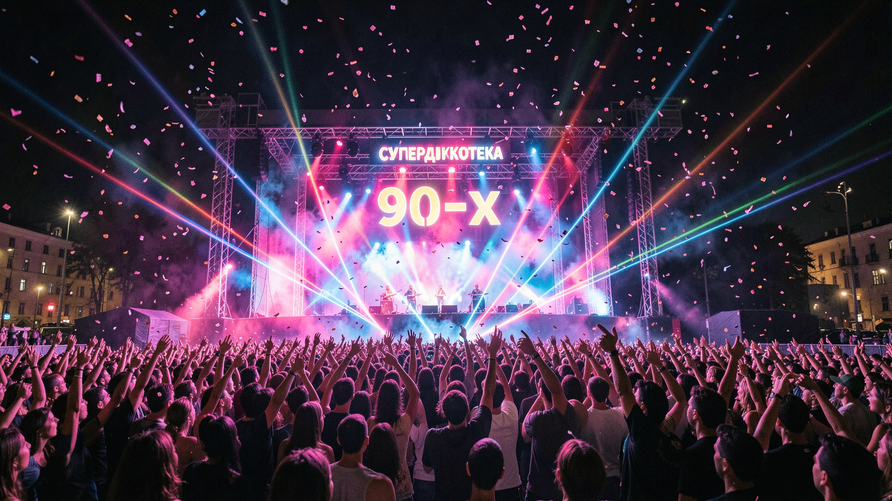 Massive outdoor Supердискотека 90-х dance festival crowd with laser lights in Saint Petersburg