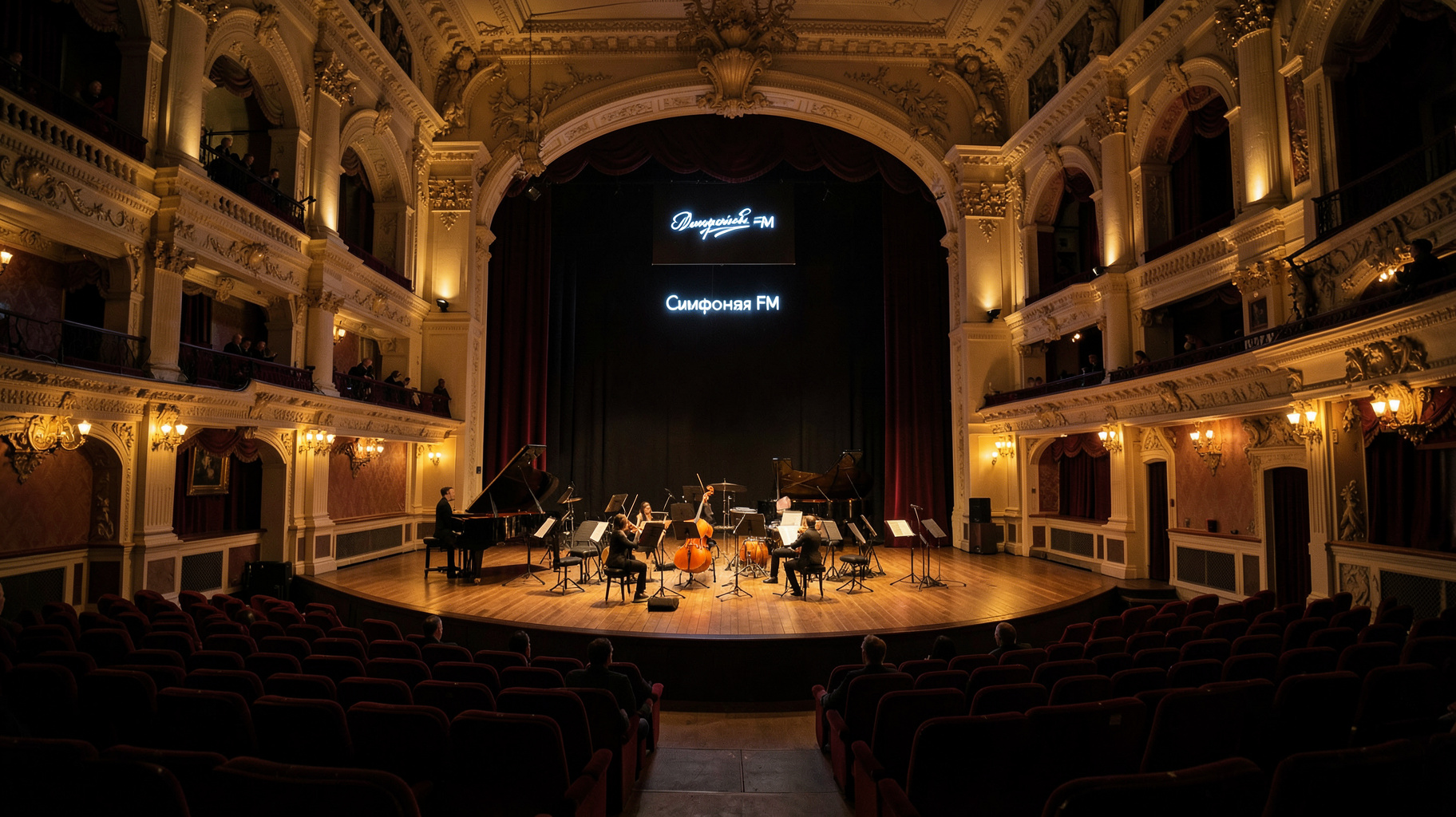 An elegant classical concert hall in Saint Petersburg with a glowing sign reading Симфония FM above the orchestra stage