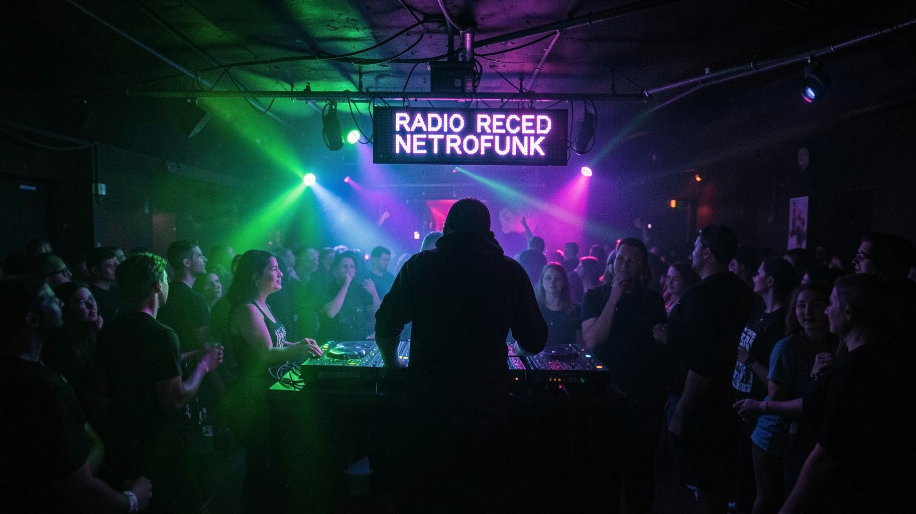 A dark drum and bass club night in Saint Petersburg with a glowing sign reading Radio Record Neurofunk