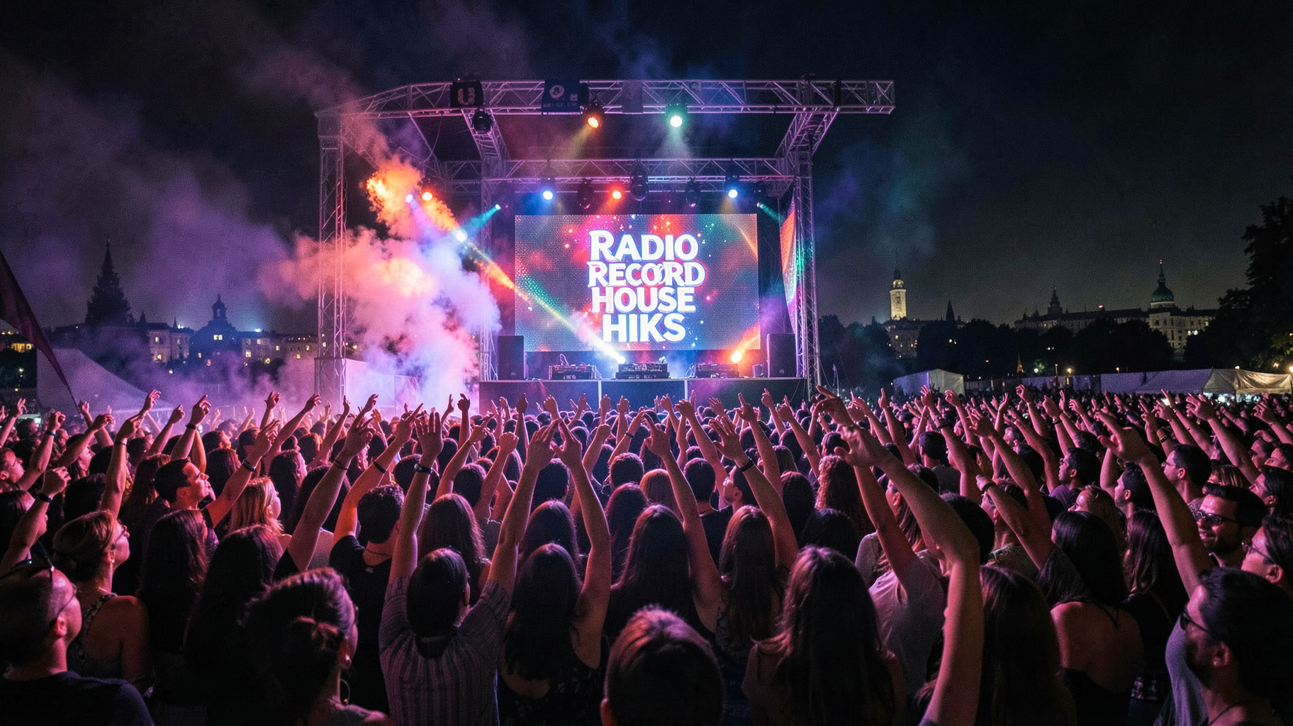An energetic outdoor dance festival crowd at night with an LED screen reading Radio Record House Hits