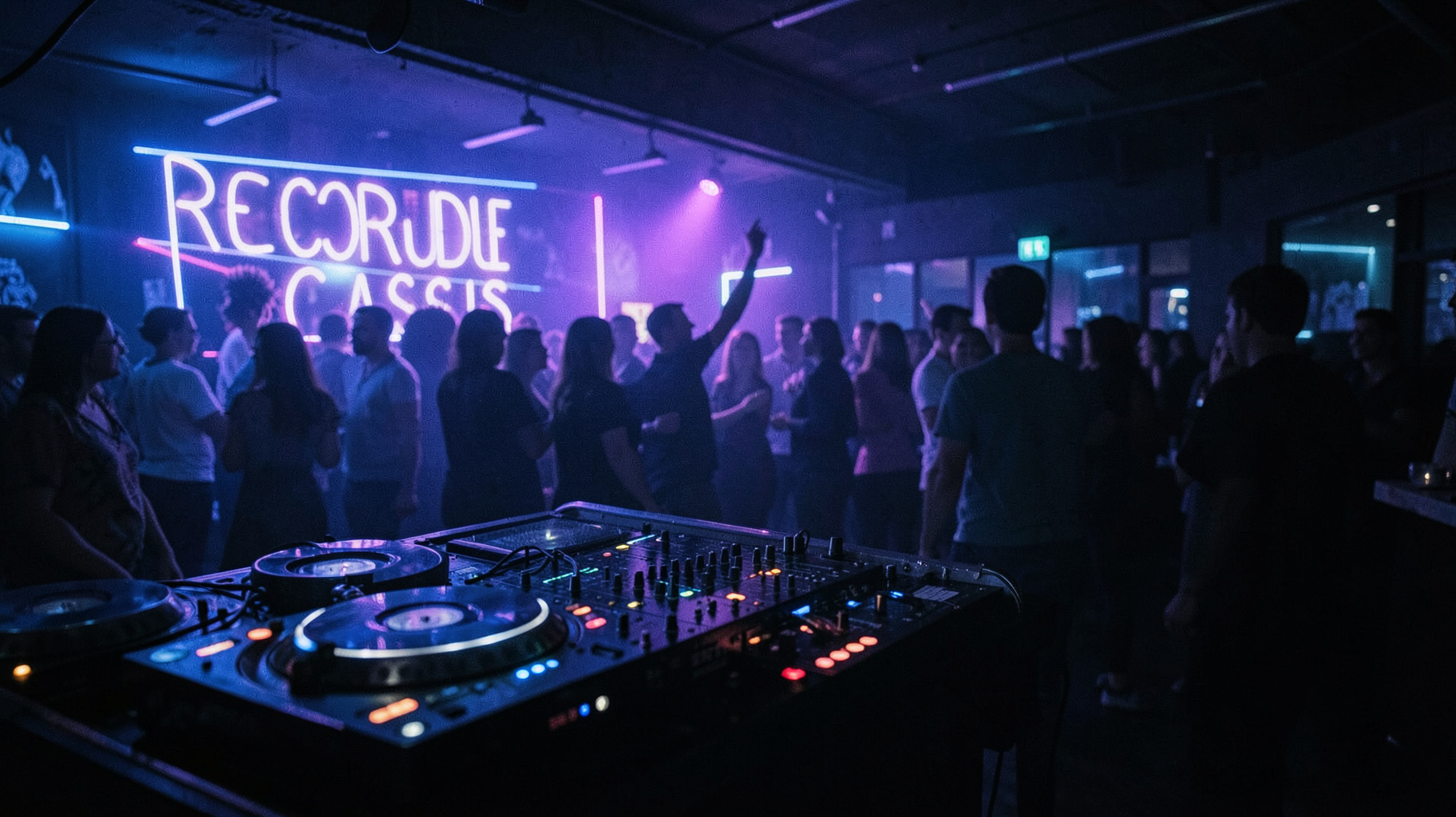 A moody 1990s Saint Petersburg DJ booth with a sign reading Record House Classics