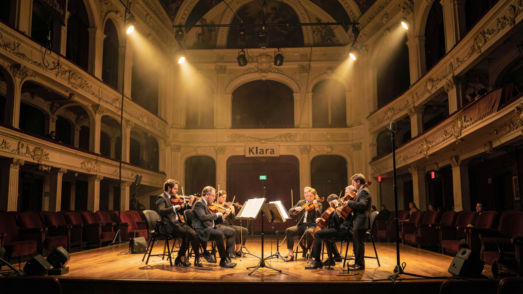 A string quartet performing in an ornate Flemish concert hall with a radio microphone capturing the recording
