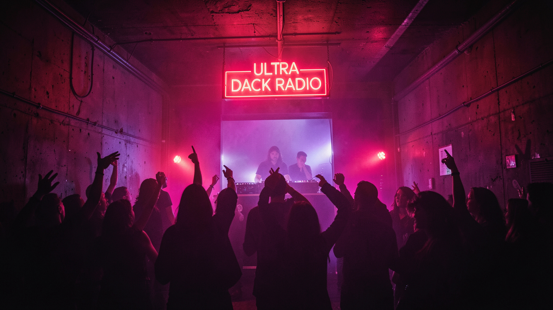 A foggy underground EBM nightclub in Germany with a glowing sign reading Ultra Dark Radio