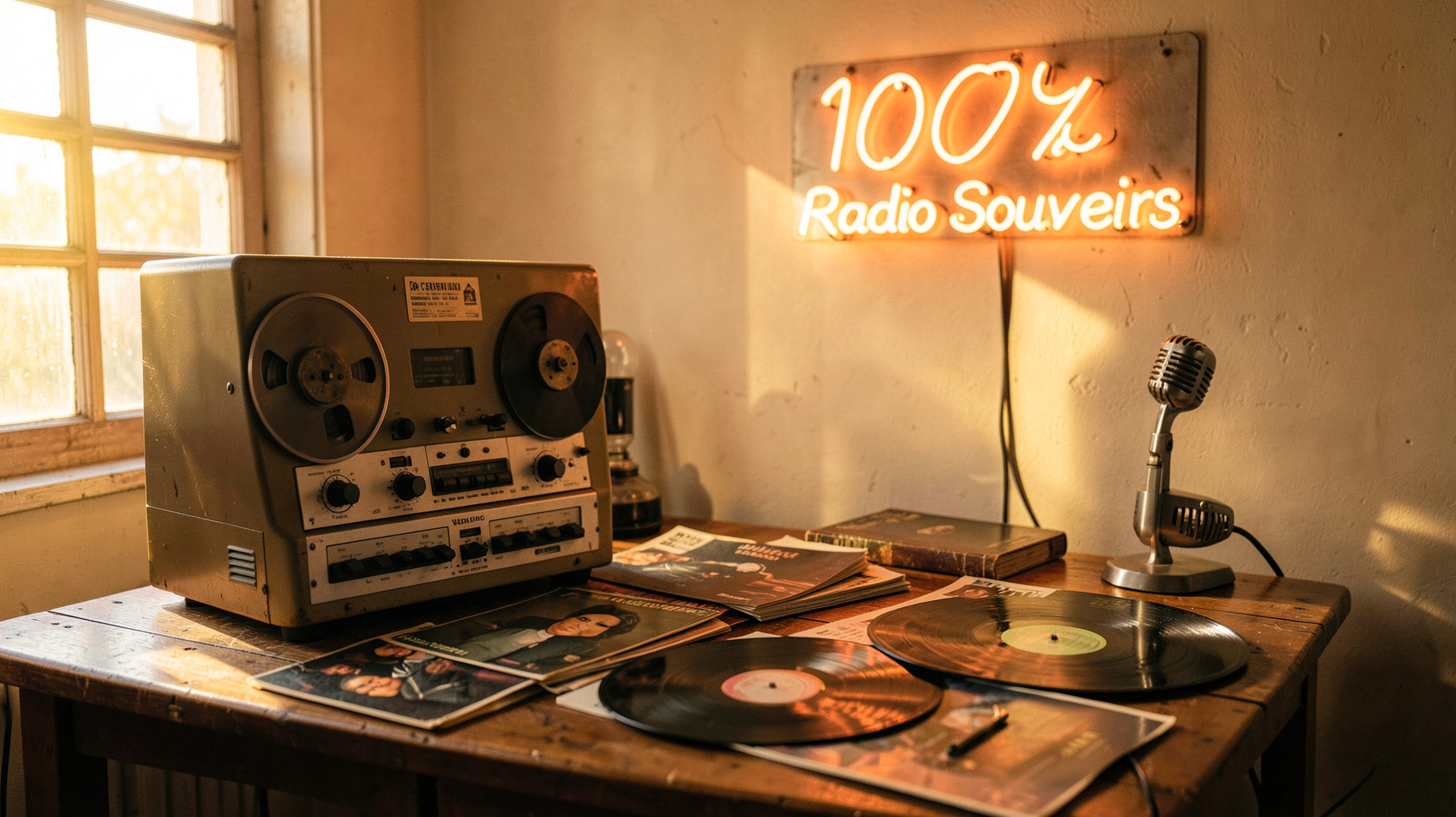A sunlit vintage French radio studio with vinyl records and a sign reading 100% Radio Souvenirs