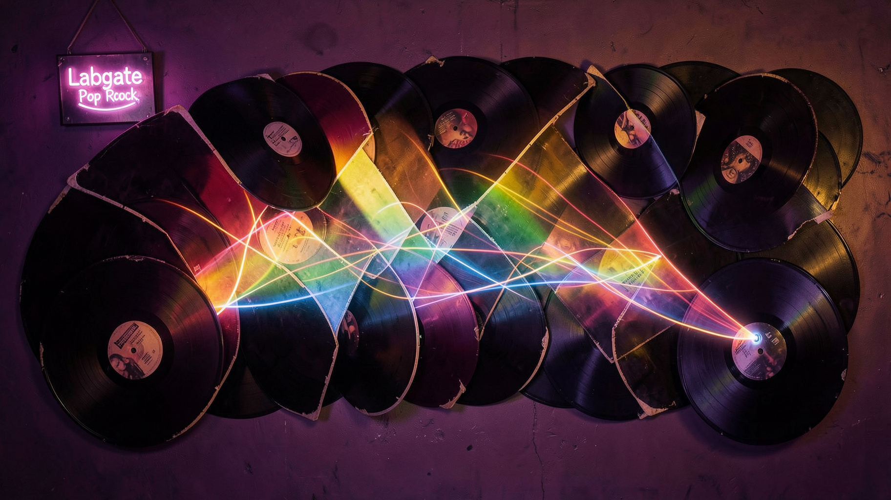 Abstract wall of vinyl records with a Labgate Pop Rock neon sign