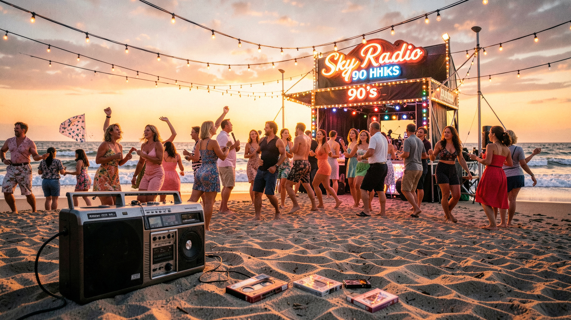 A 1990s beach party on the Dutch coast at sunset with a glowing marquee sign reading Sky Radio 90's Hits