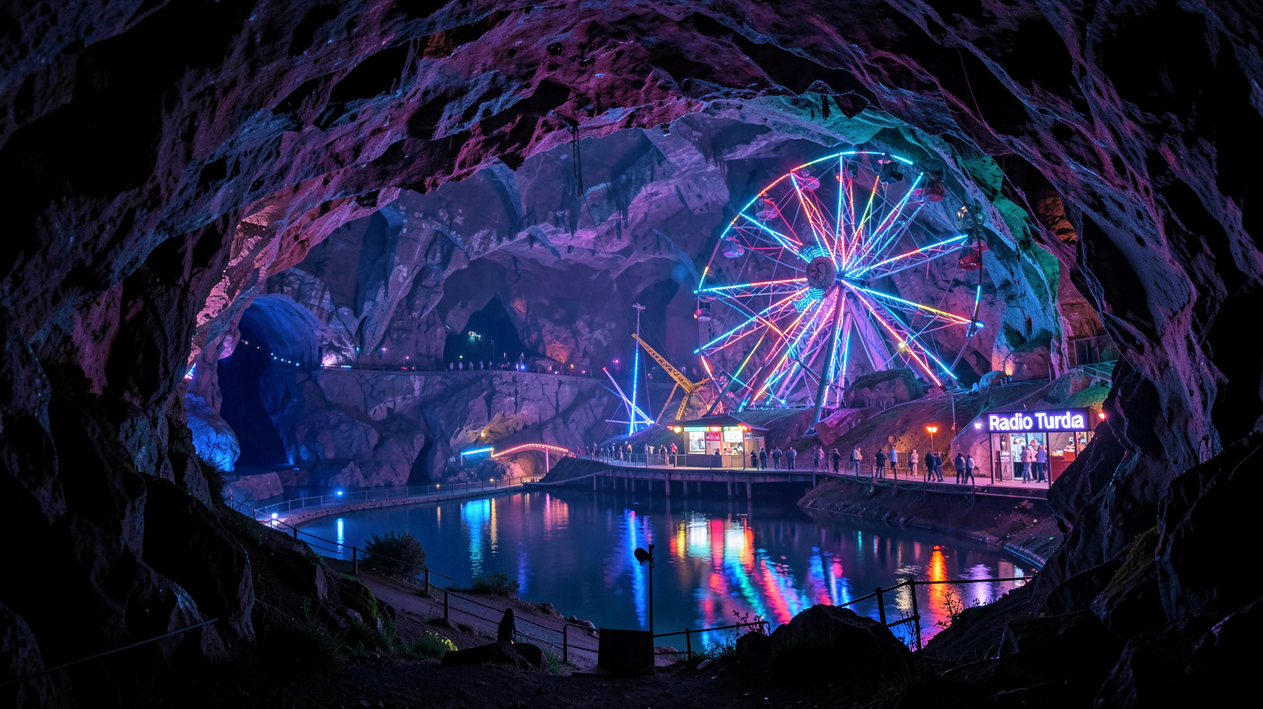 Glowing underground salt mine amusement park at Salina Turda, Romania
