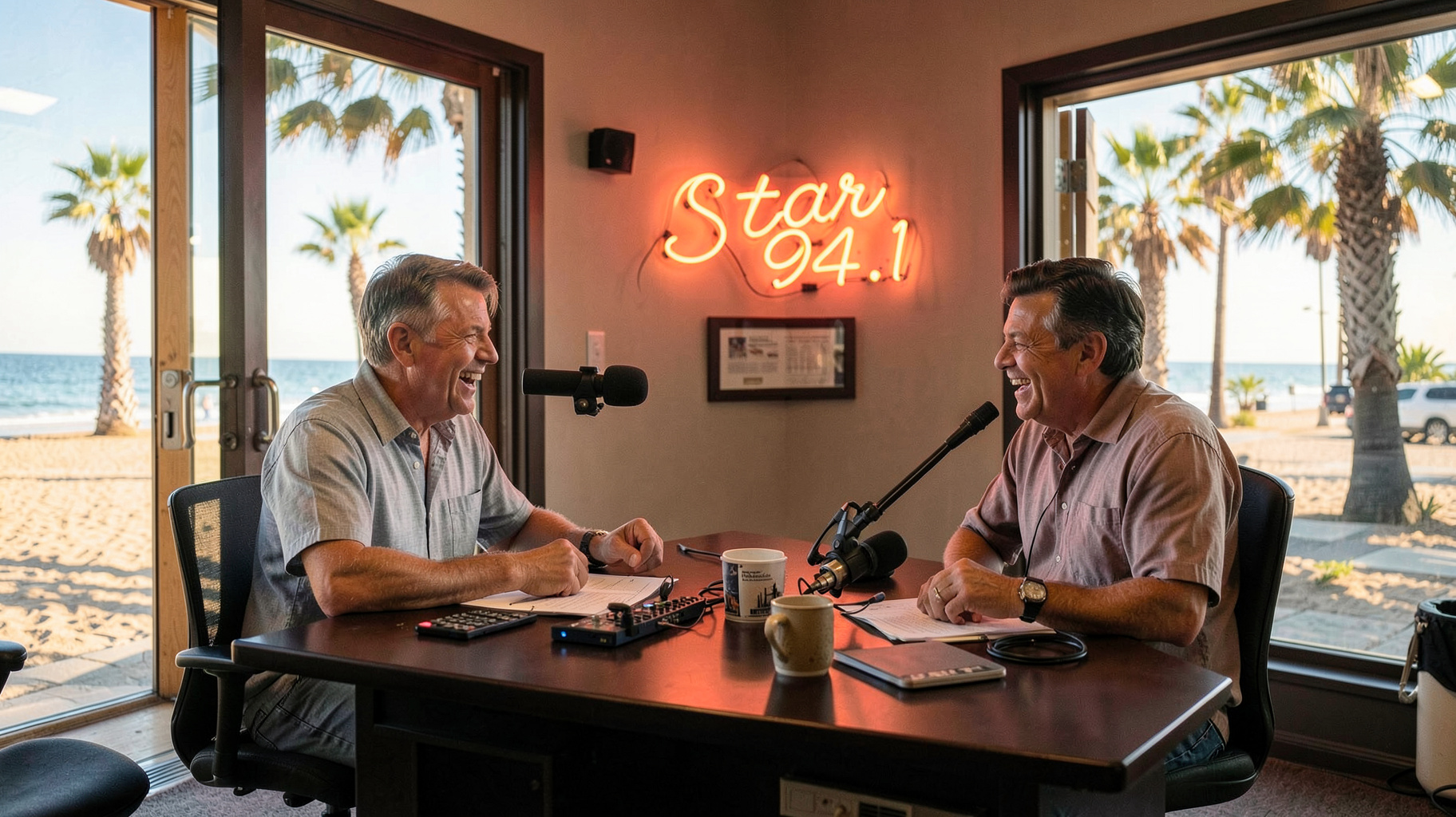 A breezy San Diego radio studio with palm trees and a neon sign reading Star 94.1