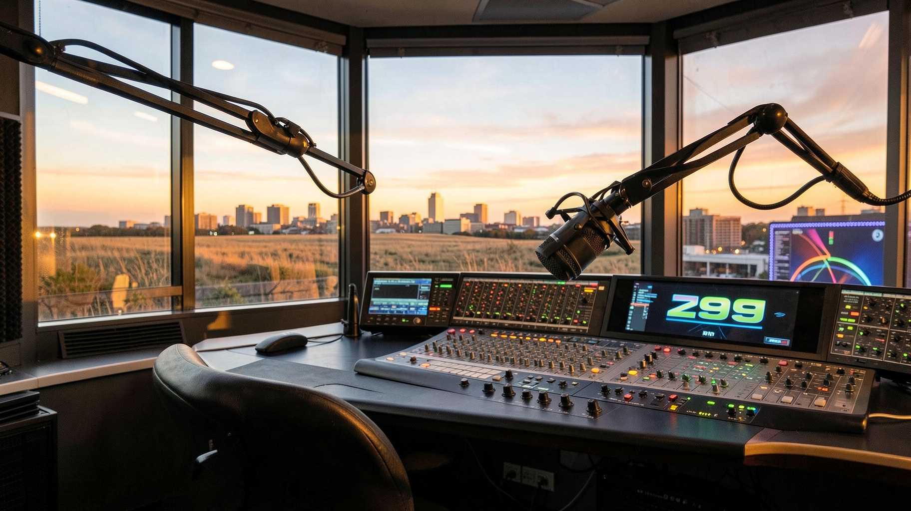 A modern radio broadcast studio at golden hour with a Z99 branded mixing console display