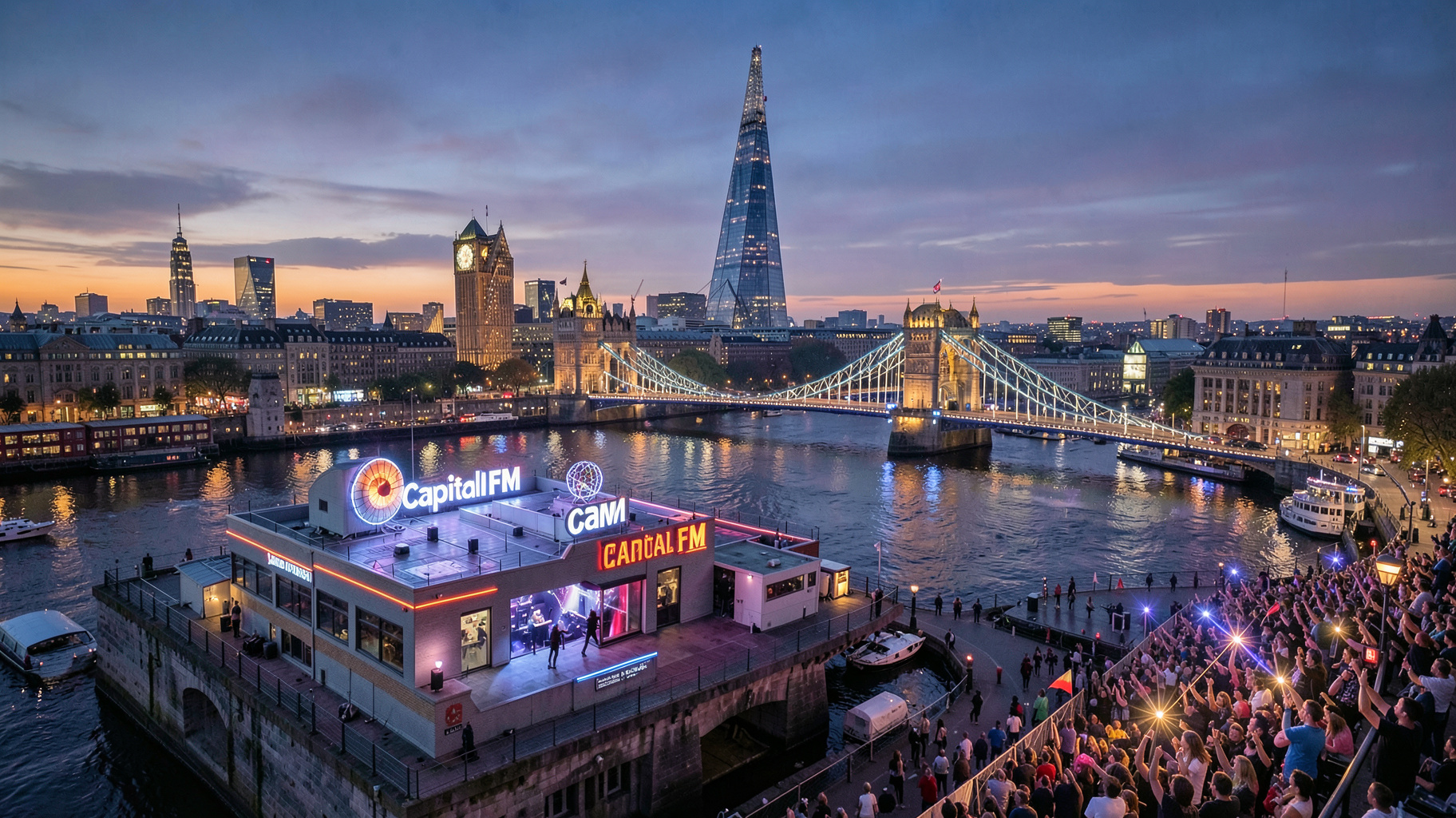 The London skyline at dusk with a glowing rooftop studio sign reading Capital FM