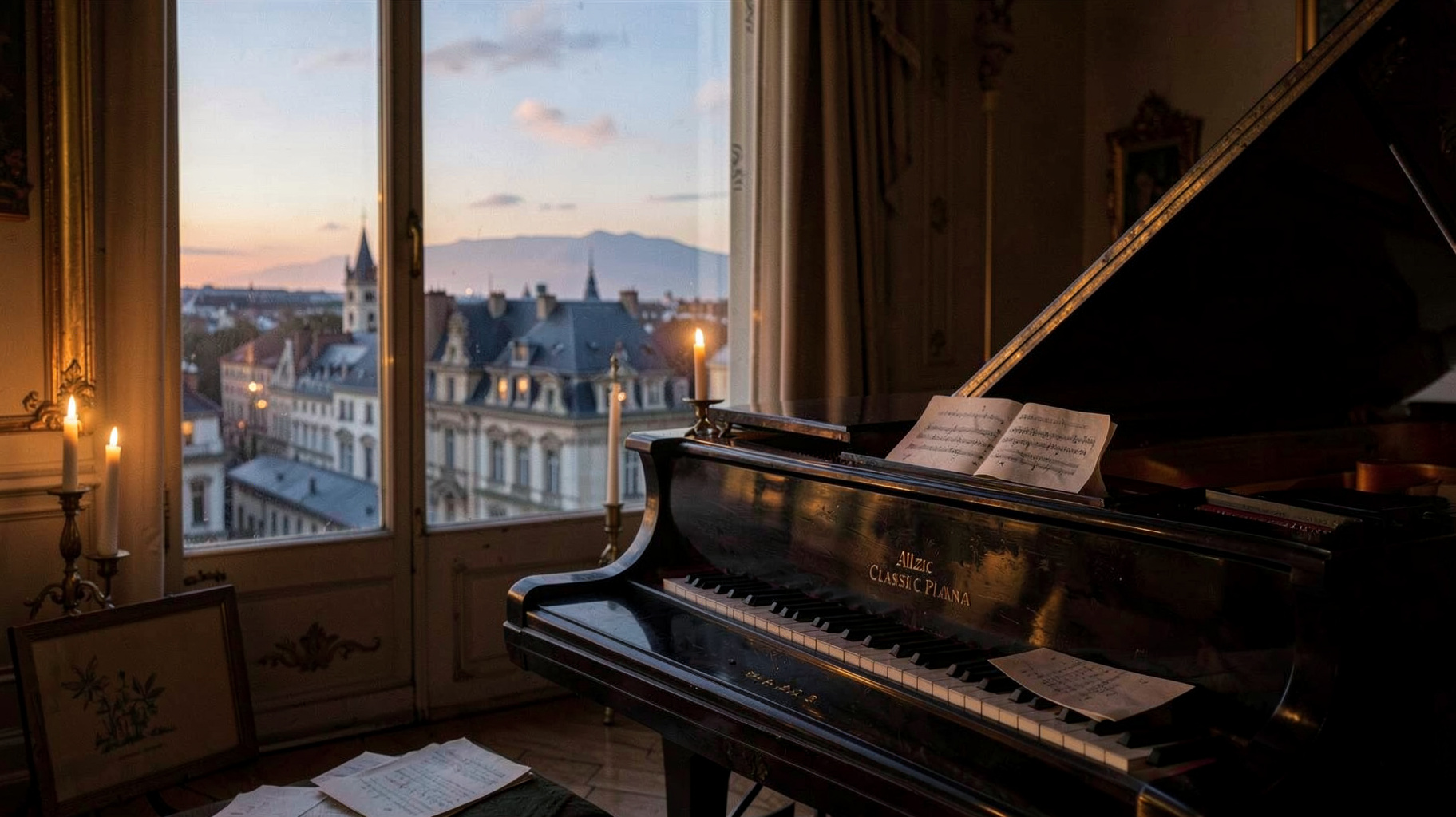 A candlelit room with a grand piano overlooking the rooftops of Lyon at dusk