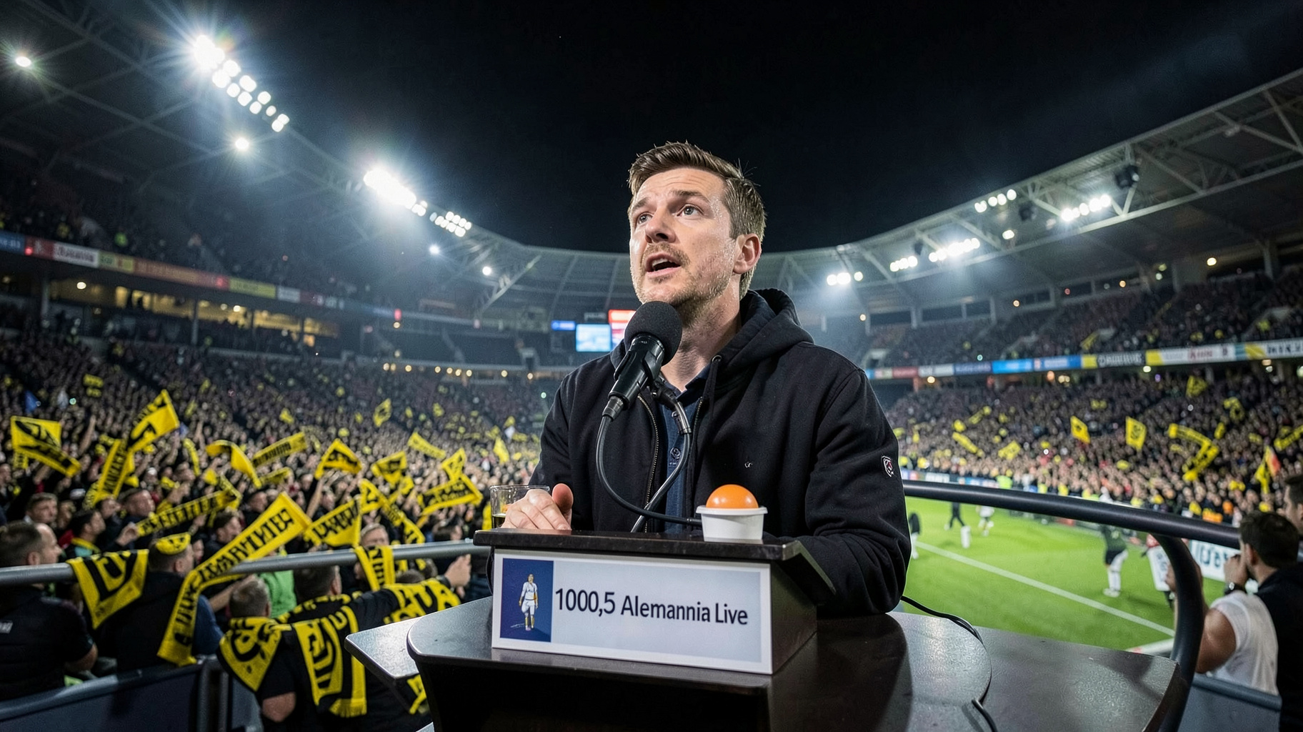 A radio commentary booth overlooking a floodlit German football stadium