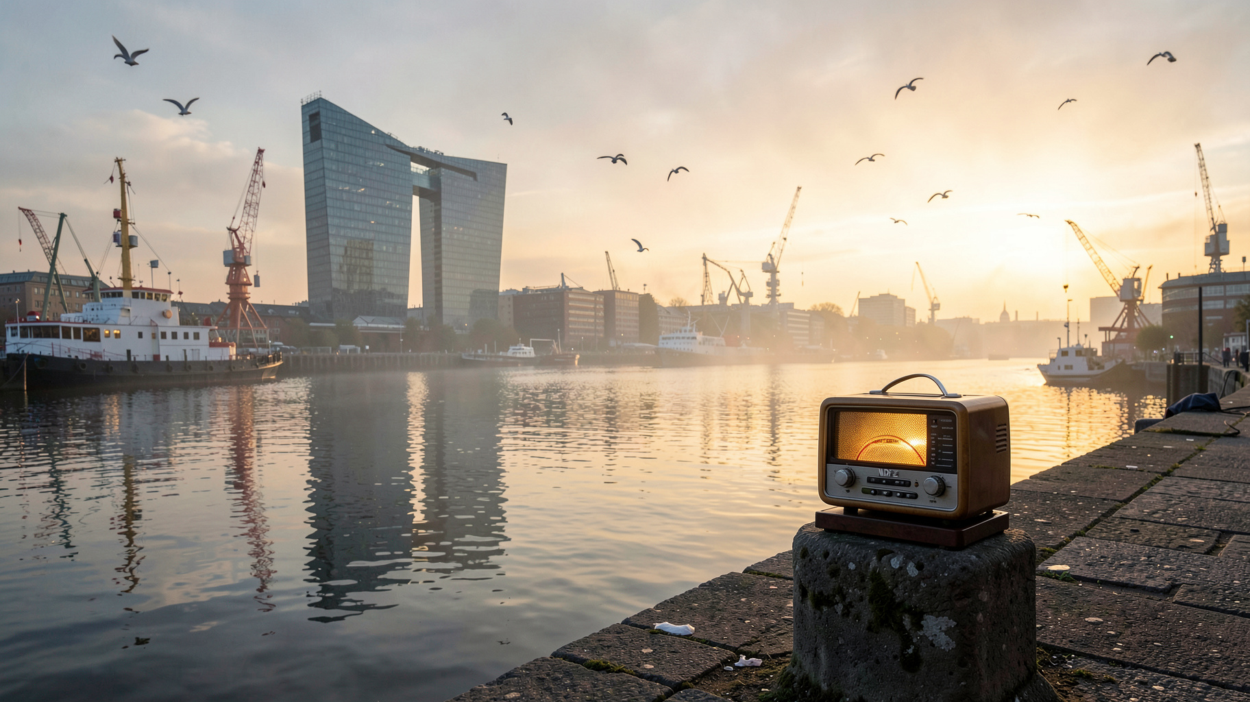 Hamburg harbour at sunrise with the Elbphilharmonie and a small radio displaying NDR 2
