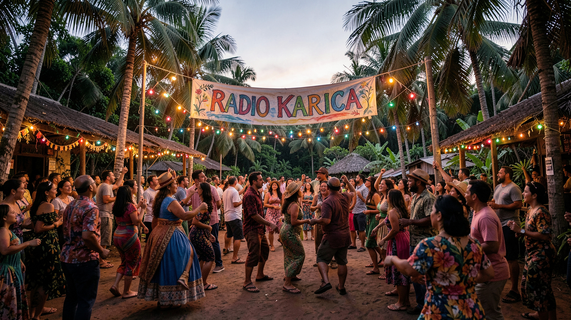 An outdoor cumbia dance party in Tarapoto with a banner reading Radio Karicia
