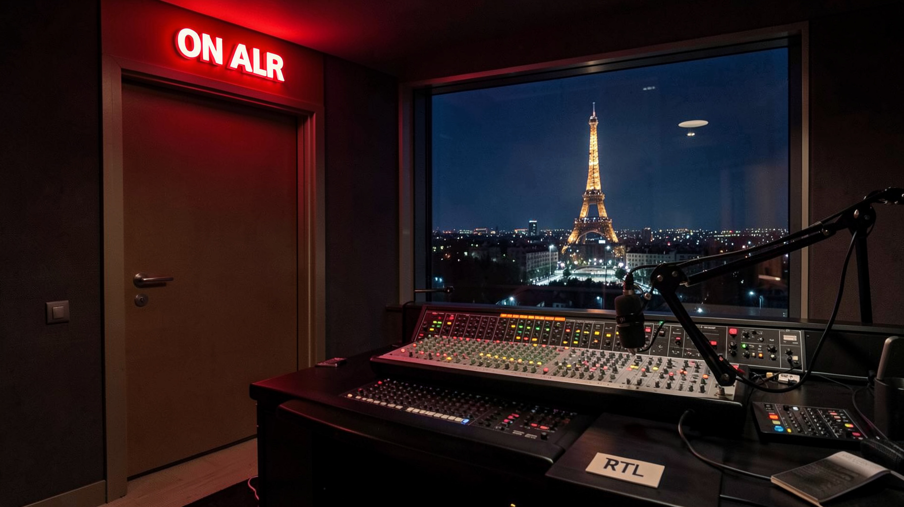 A modern radio broadcast studio at night with an ON AIR light and a desk plaque reading RTL, the Paris skyline visible through the window