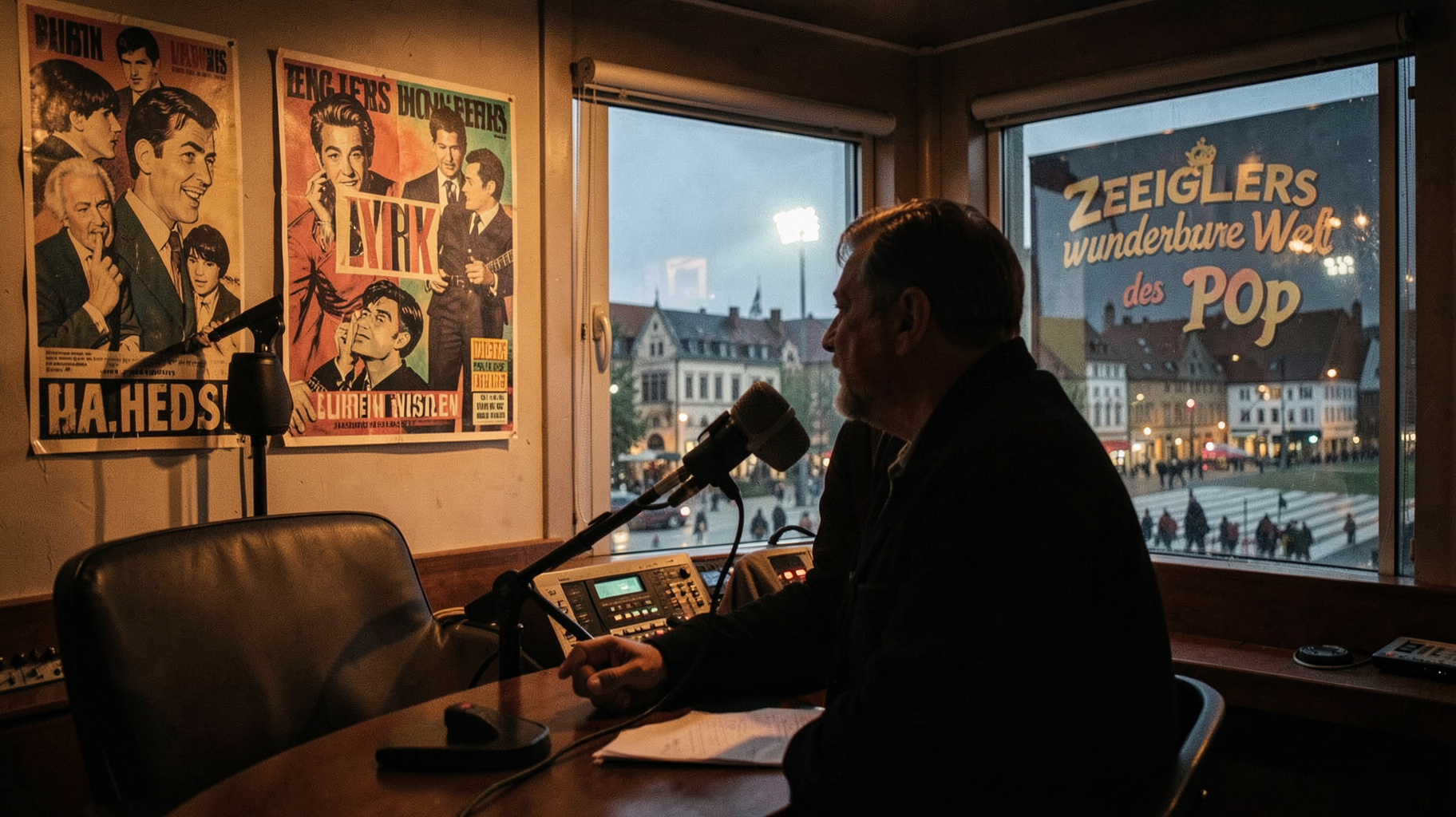 A lively German radio studio with a host silhouette and Bremen