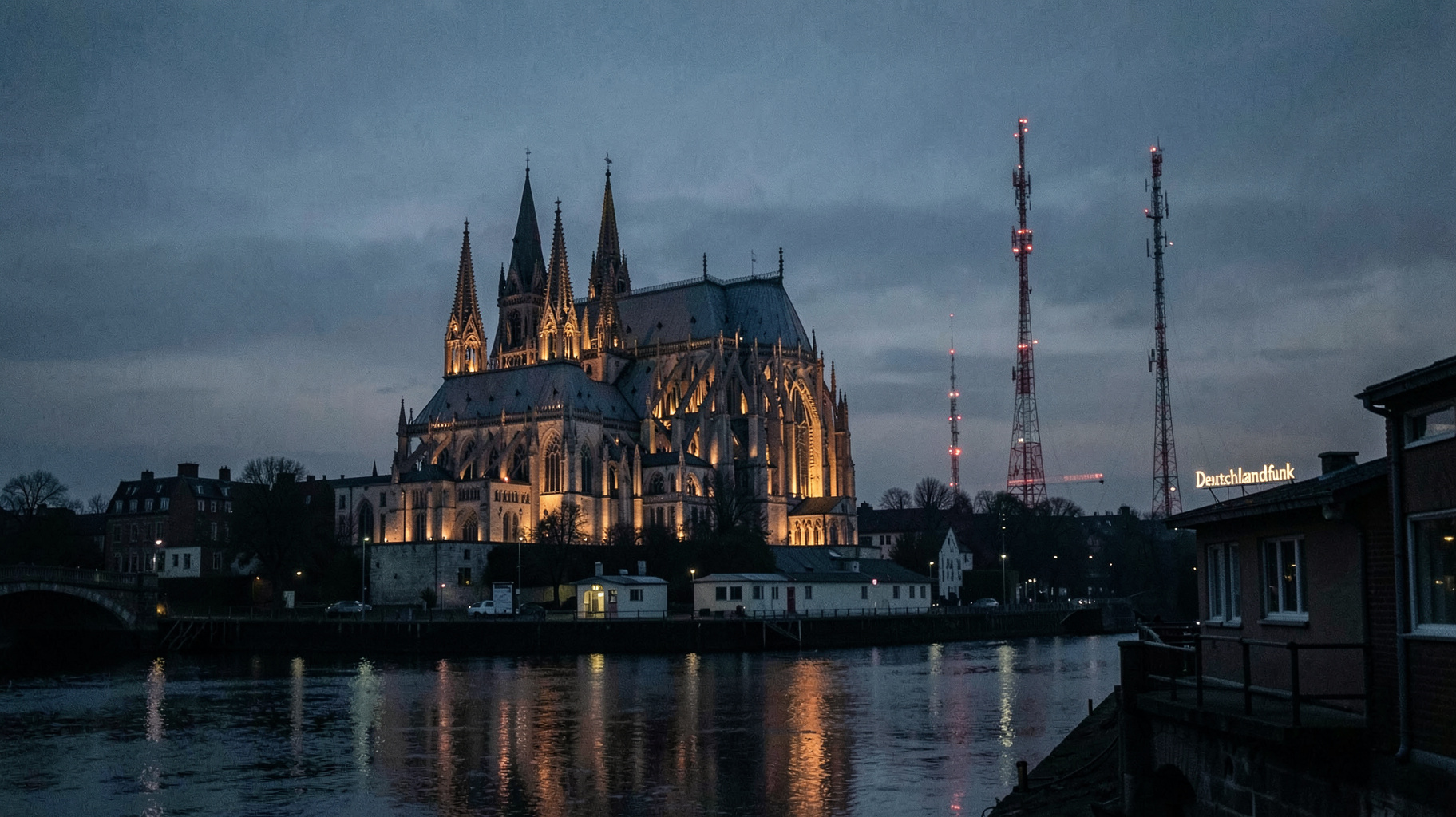 Cologne Cathedral illuminated at dusk with a radio transmitter tower and a sign reading Deutschlandfunk