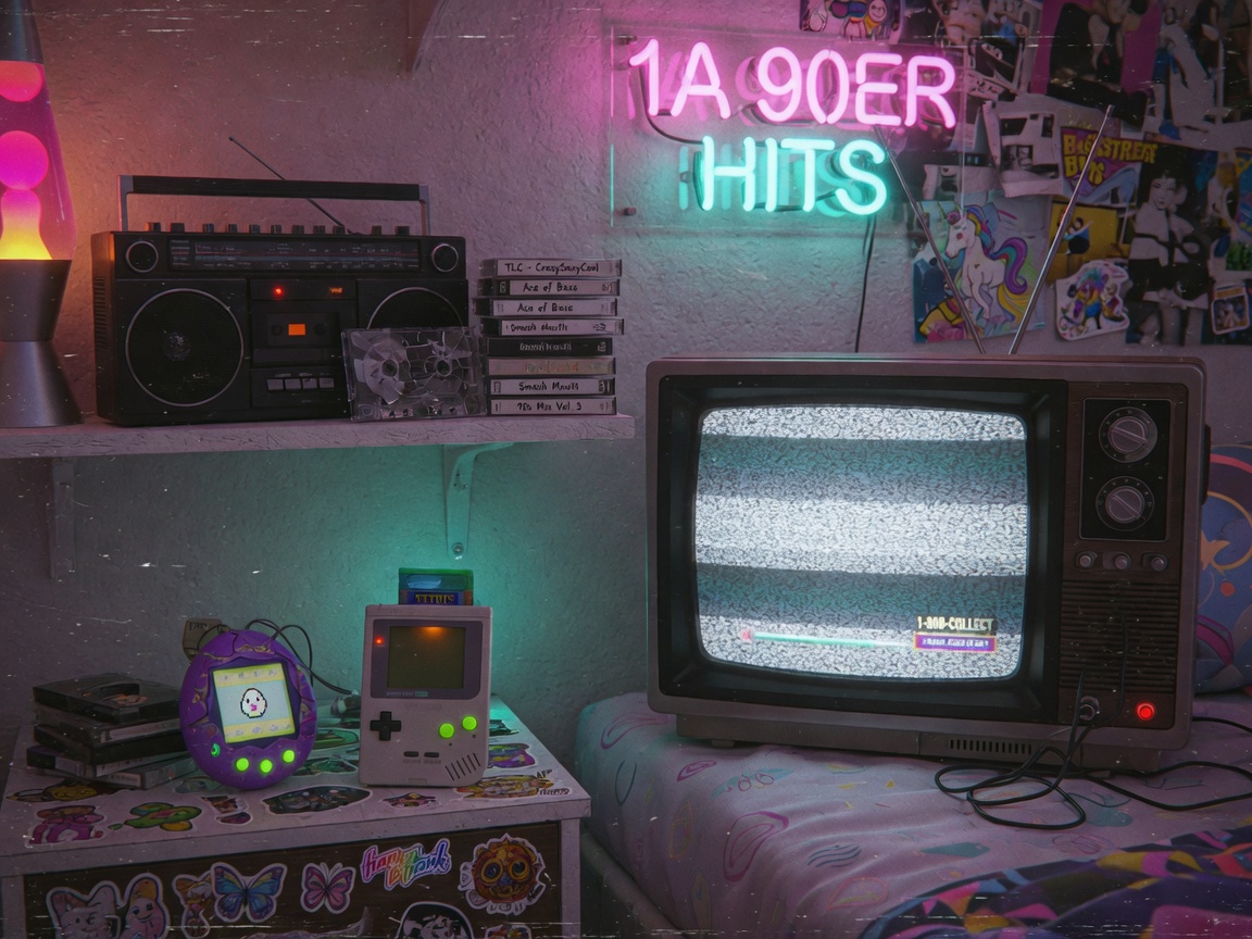 A nostalgic 1990s bedroom scene with a boombox, cassette tapes, a Tamagotchi, a Game Boy, and a neon sign reading 1A 90er Hits