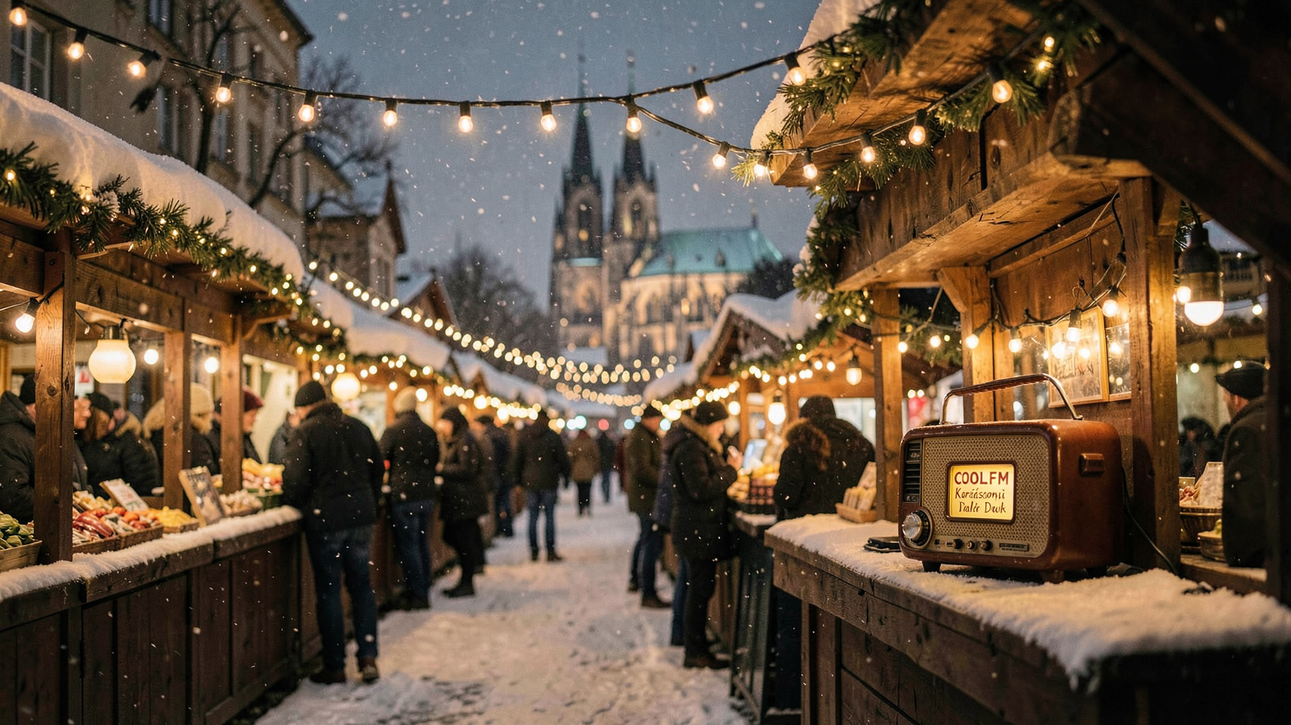 Snowy Budapest Christmas market with a glowing radio playing COOLFM Karácsonyi Dalok