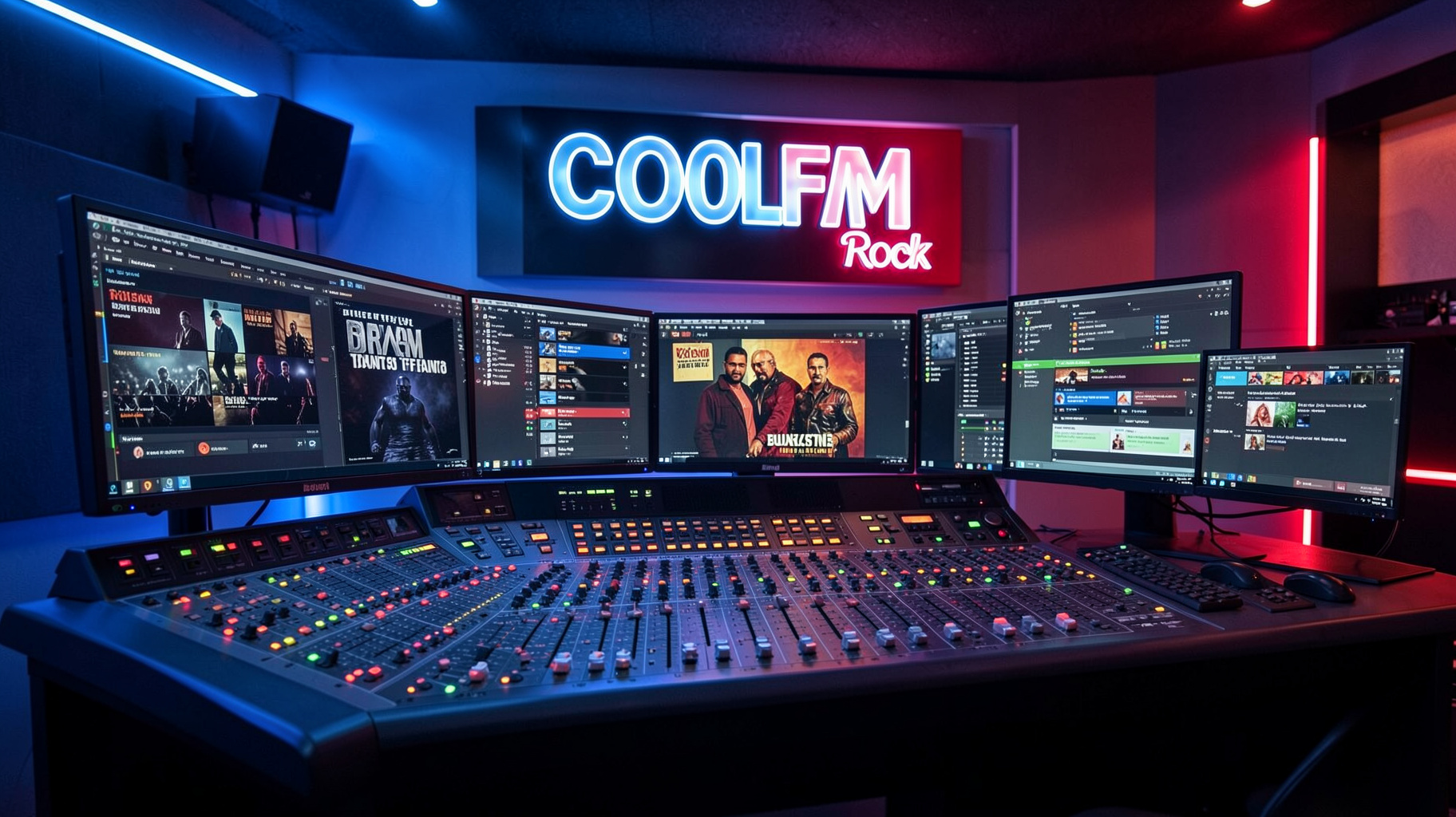 A Budapest internet radio control room with a sign reading COOLFM Rock above the console