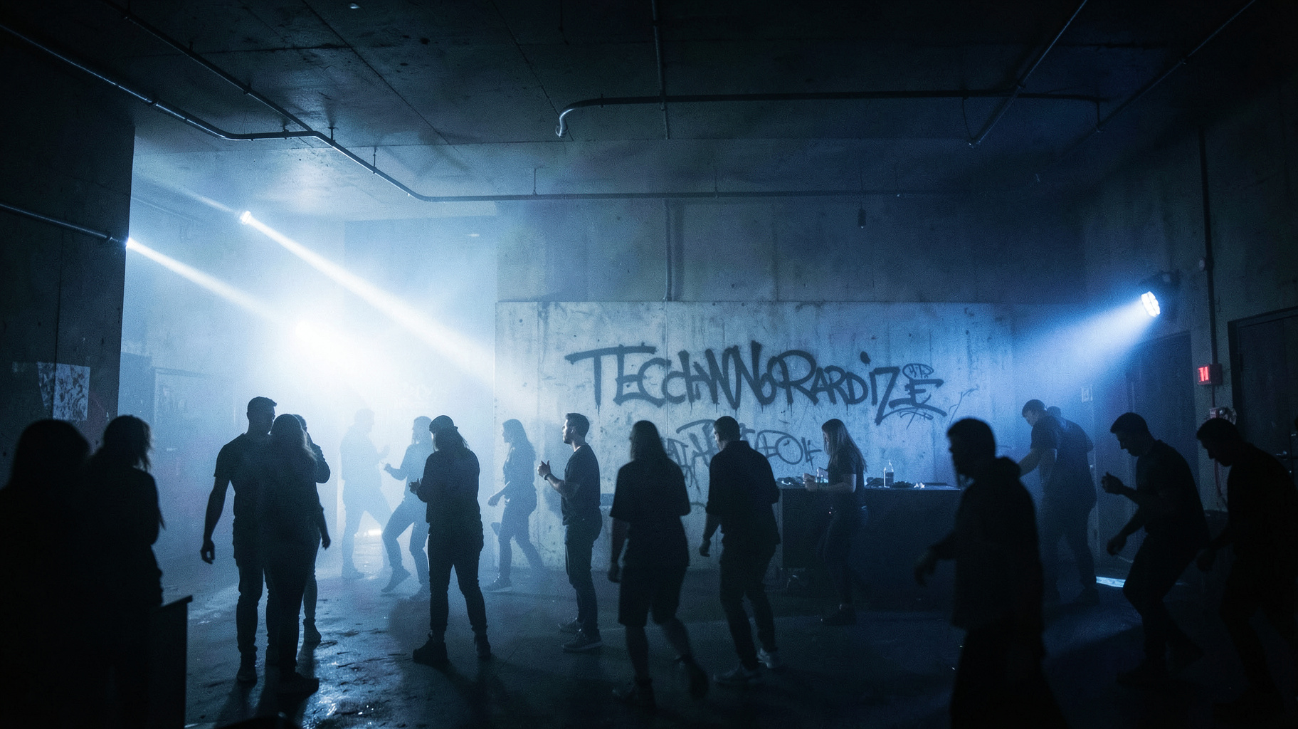 An underground techno warehouse rave in Germany with graffiti reading Techno Paradize on a concrete wall