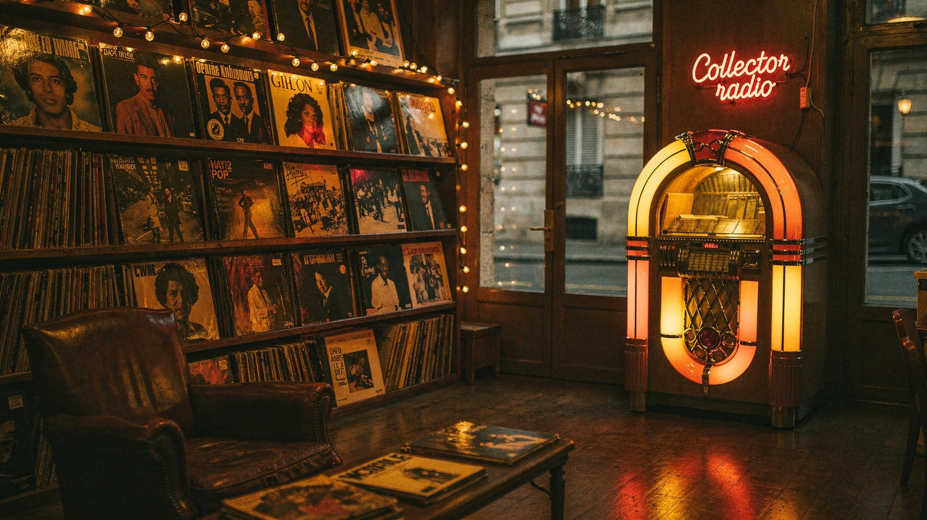 A vintage vinyl record shop in Paris at dusk with a glowing jukebox reading Collector radio, inspired by Collector radio