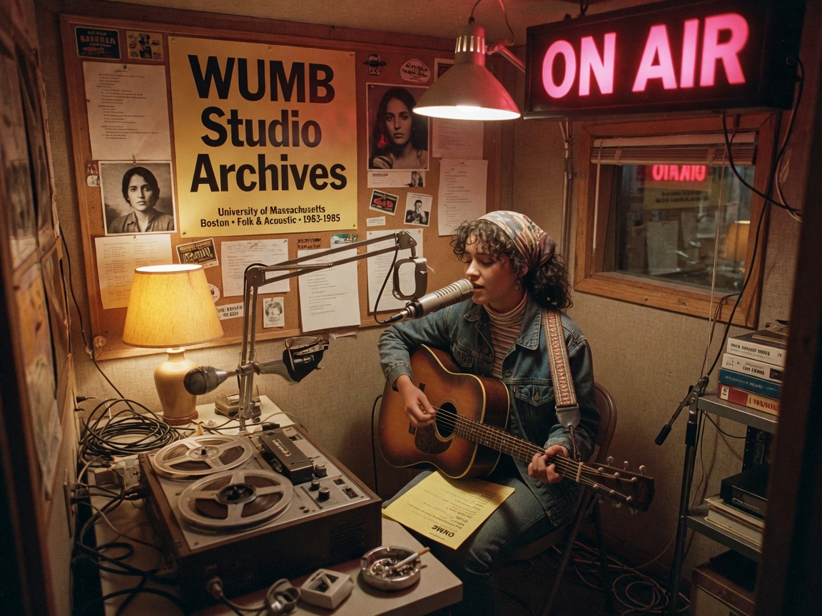 A young folk singer with an acoustic guitar in a vintage 1980s radio studio