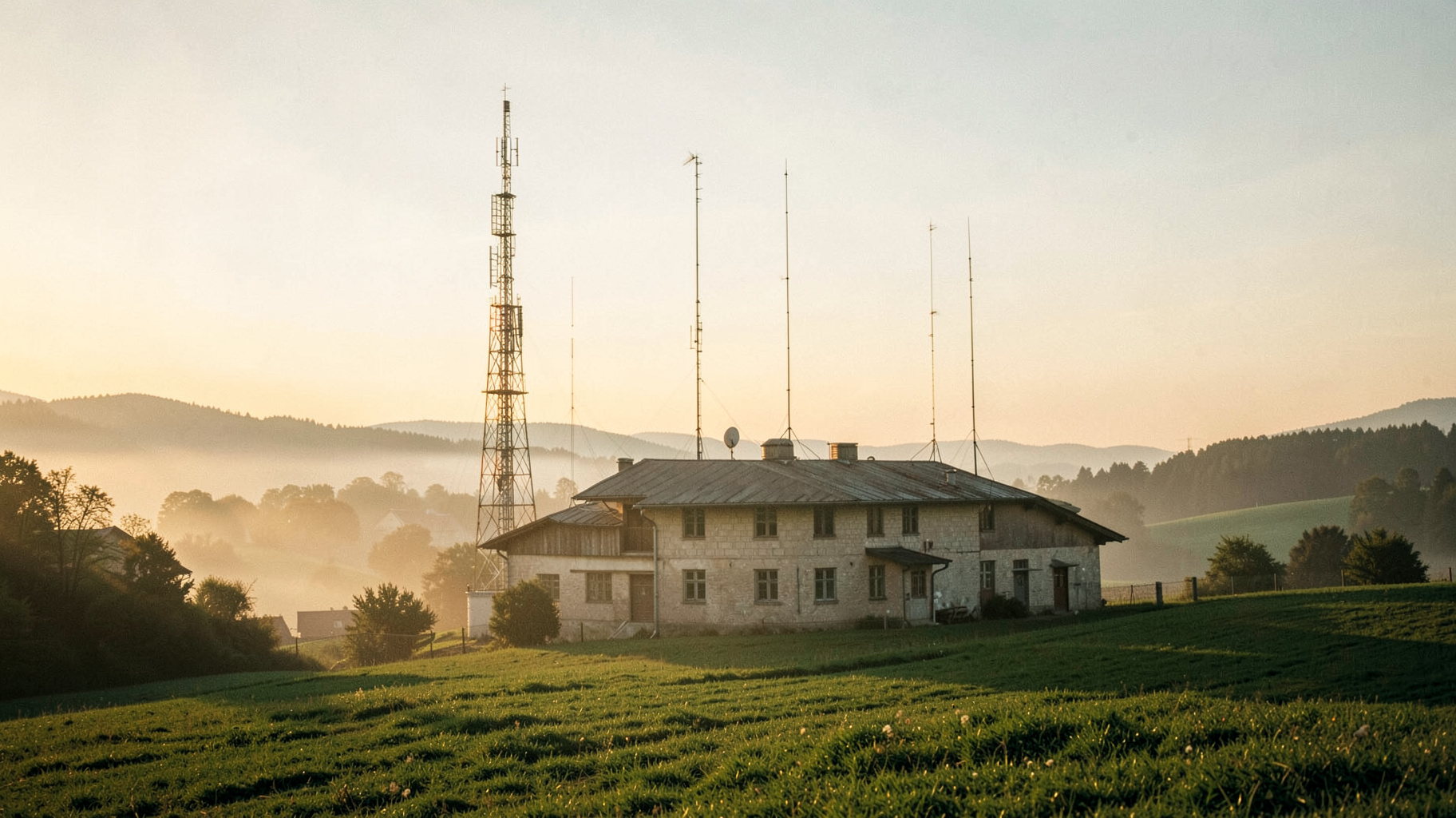 A historic Swiss radio transmitter tower at Beromünster surrounded by countryside at sunrise