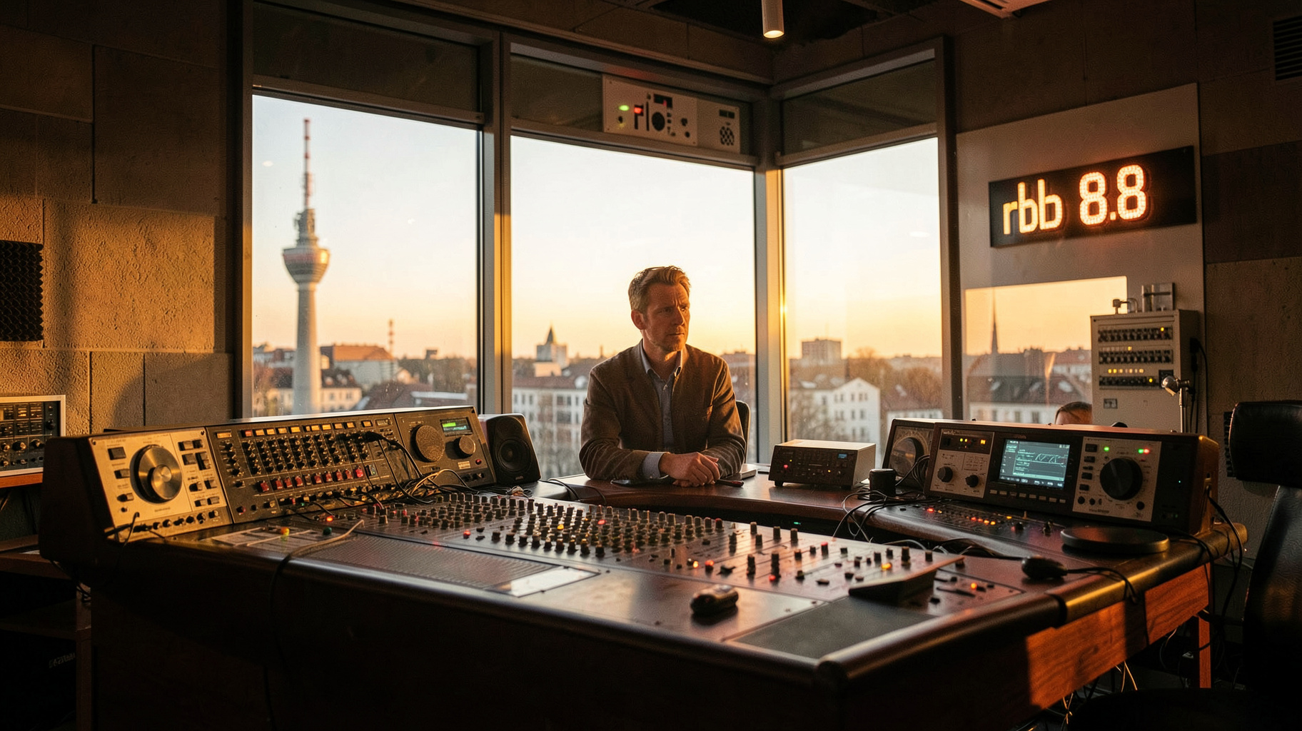 Berlin radio studio with TV Tower view representing rbb 88.8